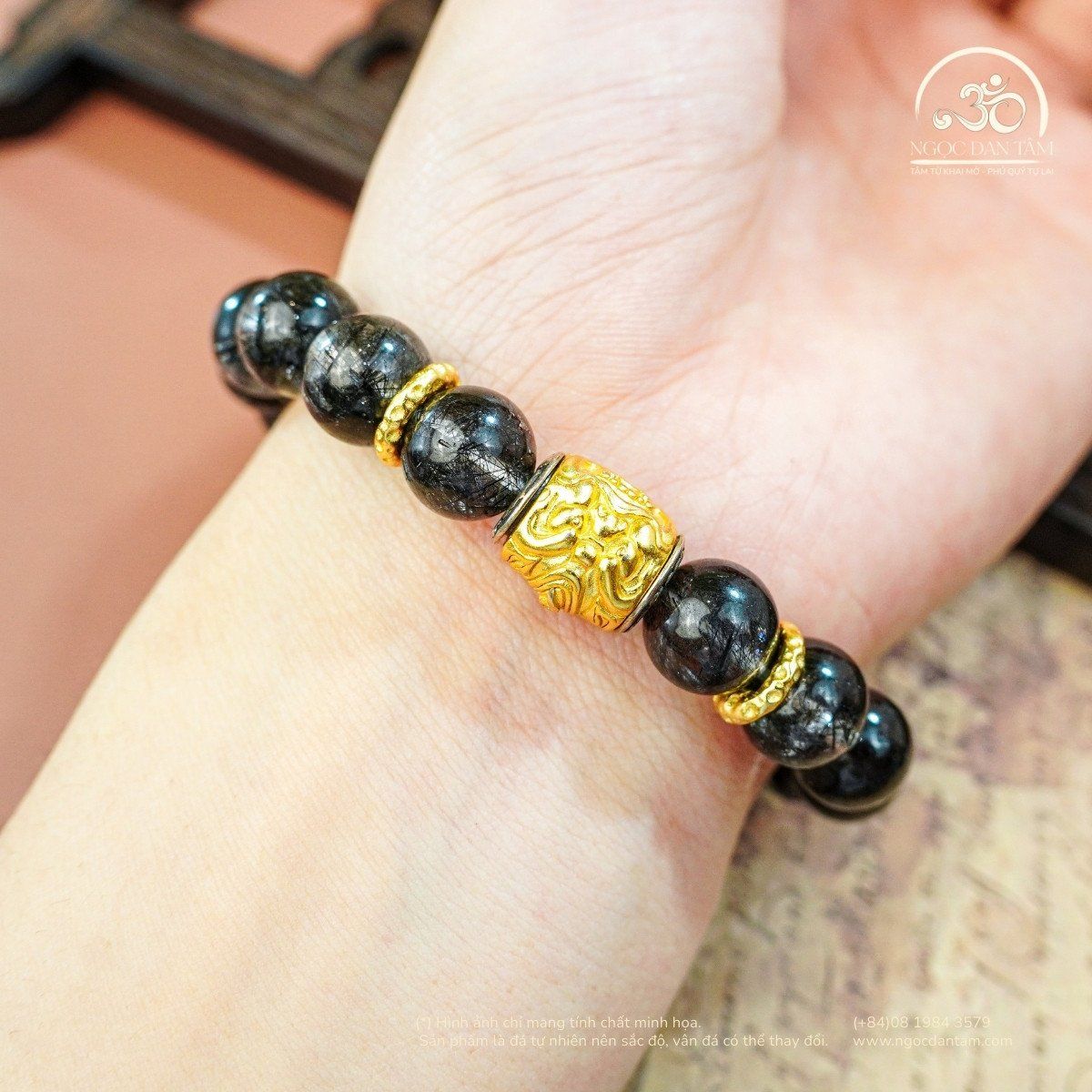  Vòng Tay Thạch Anh Tóc Đen 10mm 8A Phối Charm Lu Thống Tỳ Hưu 