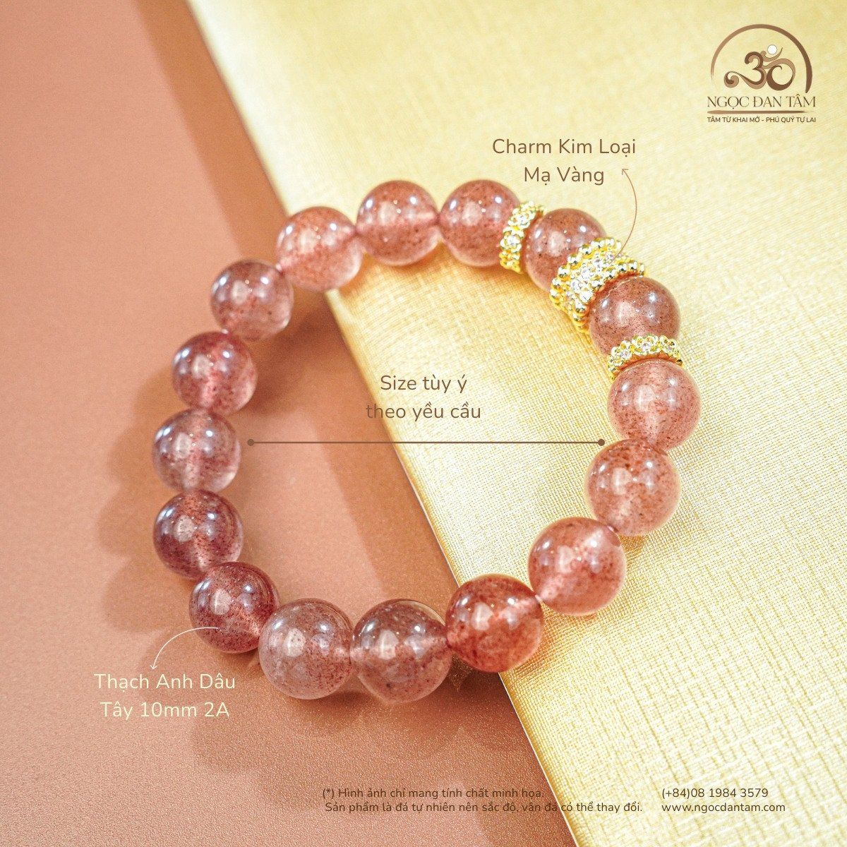  Vòng Tay Đá Thạch Anh Dâu Tây 10mm 2A Phối Charm 