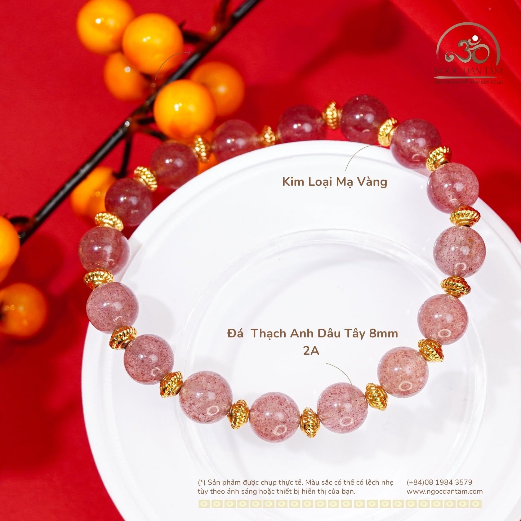  Vòng Tay Thạch Anh Dâu Tây 8mm 2A Phối Charm Lồng Đèn 