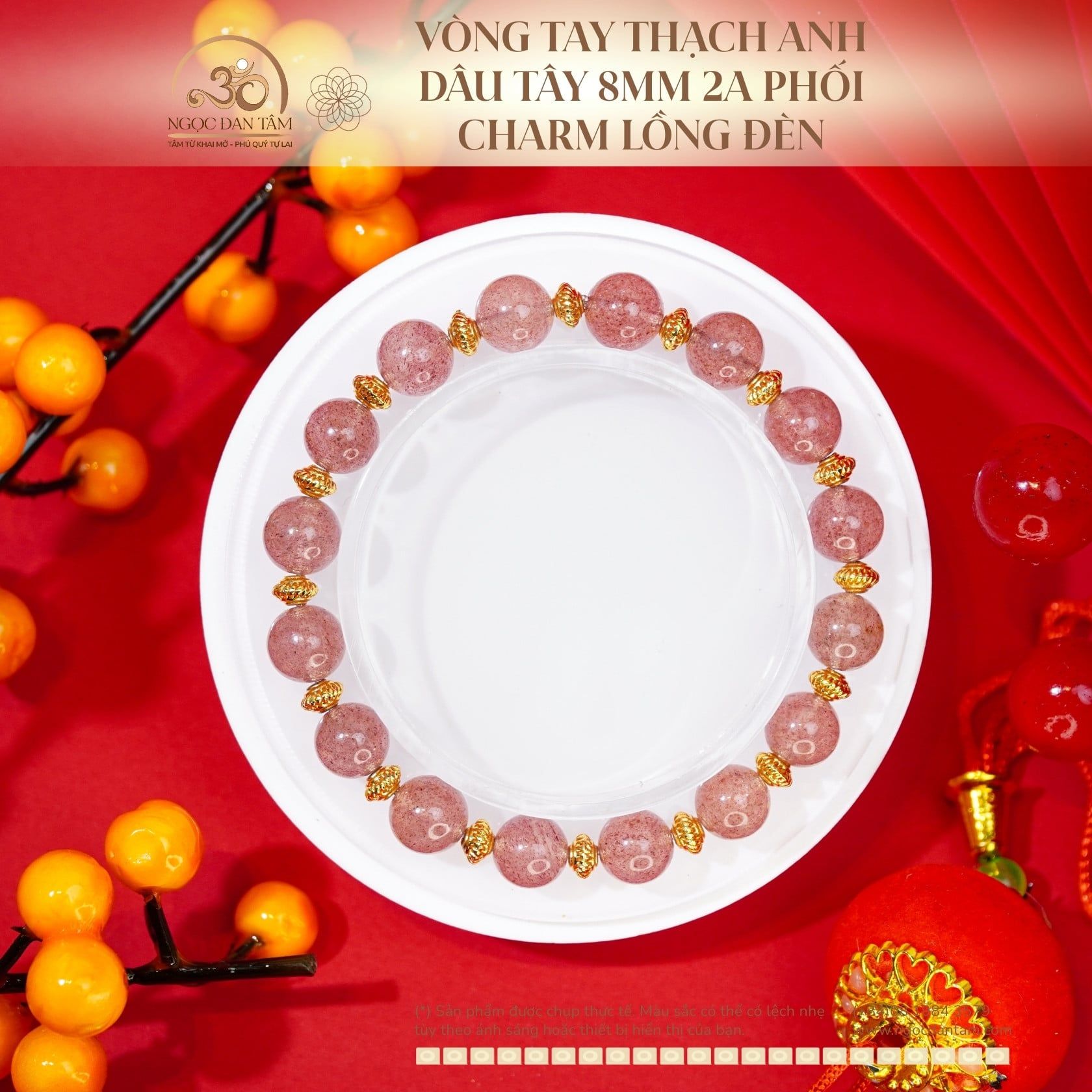  Vòng Tay Thạch Anh Dâu Tây 8mm 2A Phối Charm Lồng Đèn 