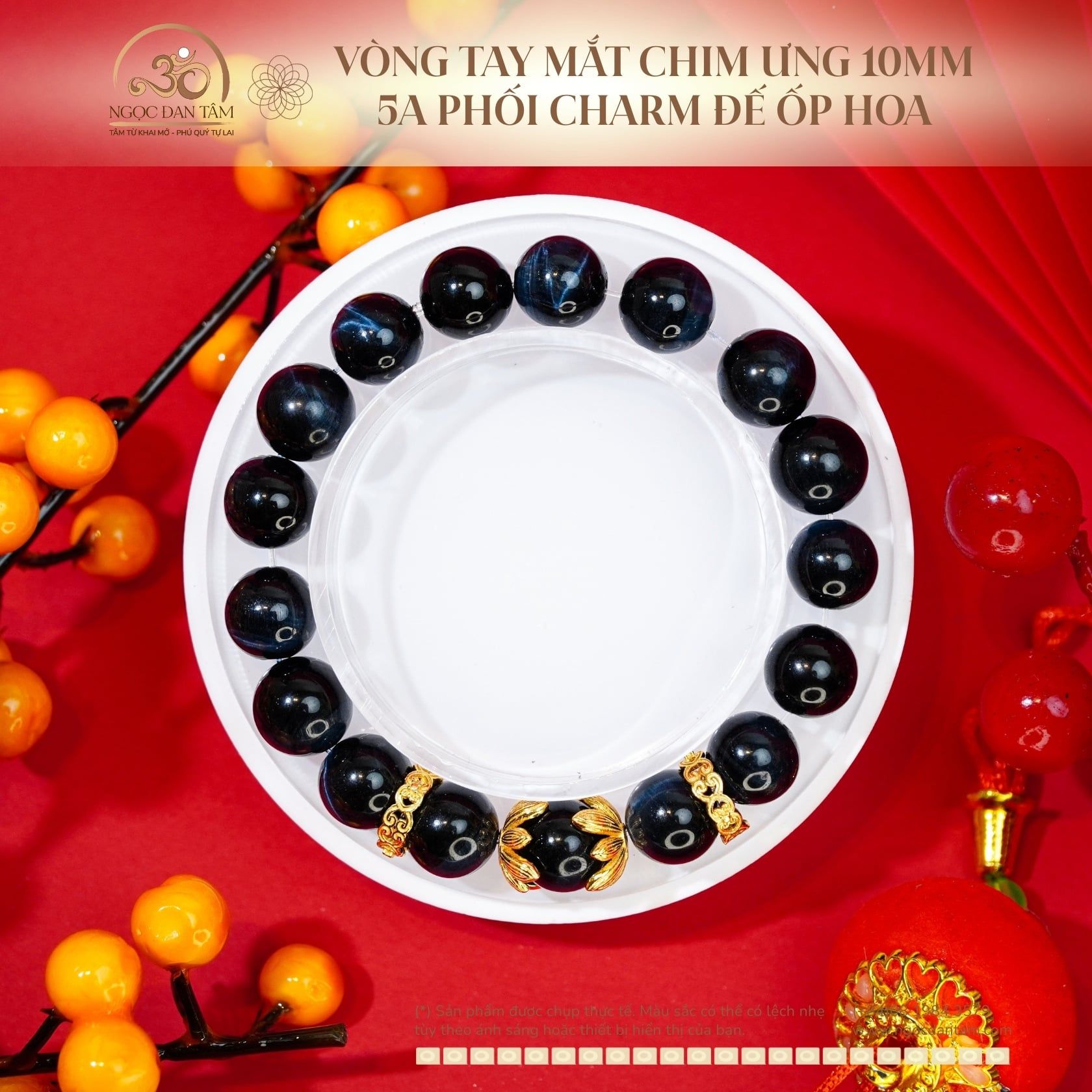  Vòng Tay Mắt Chim ưng 10mm 5A Phối Charm Đế Ốp Hoa 