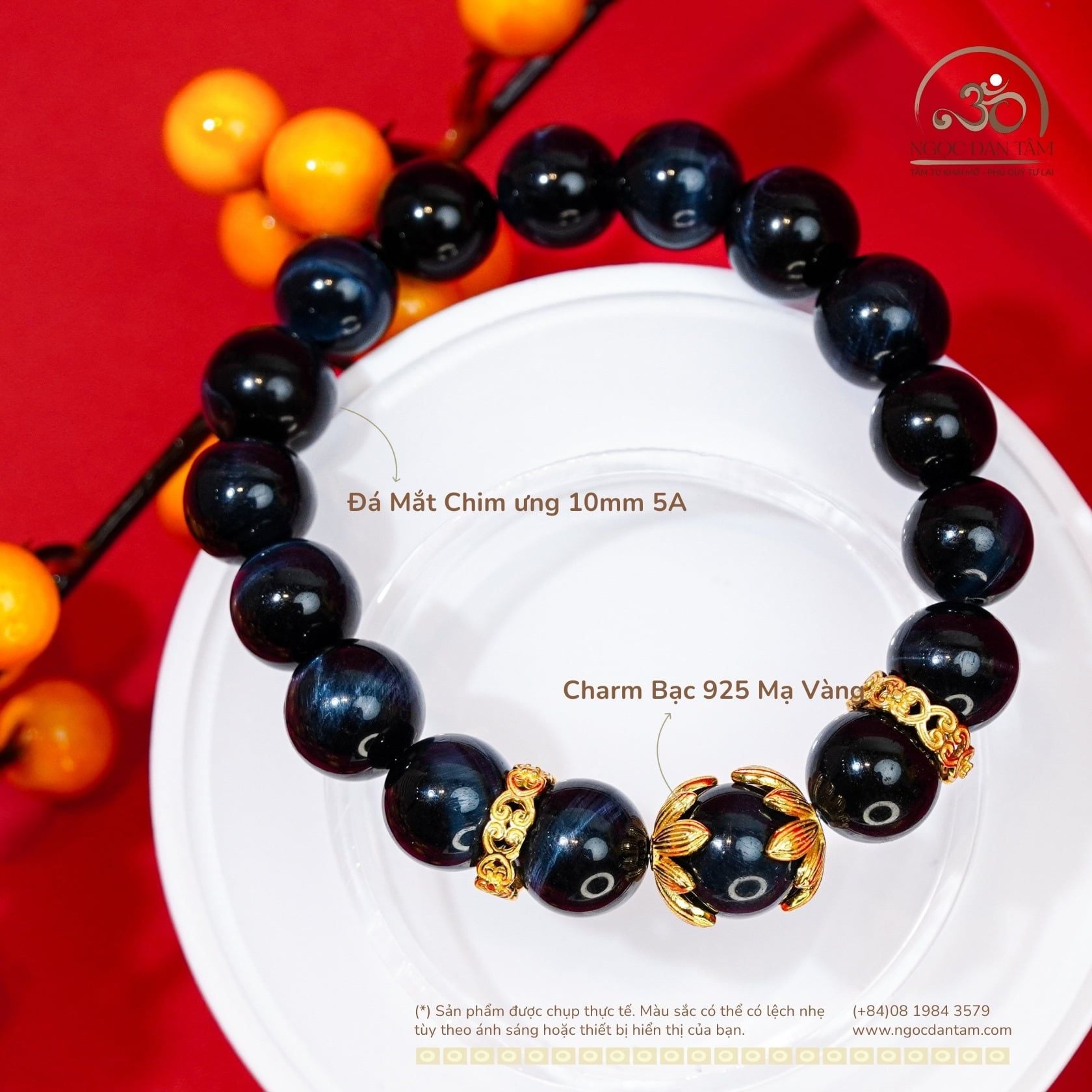  Vòng Tay Mắt Chim ưng 10mm 5A Phối Charm Đế Ốp Hoa 