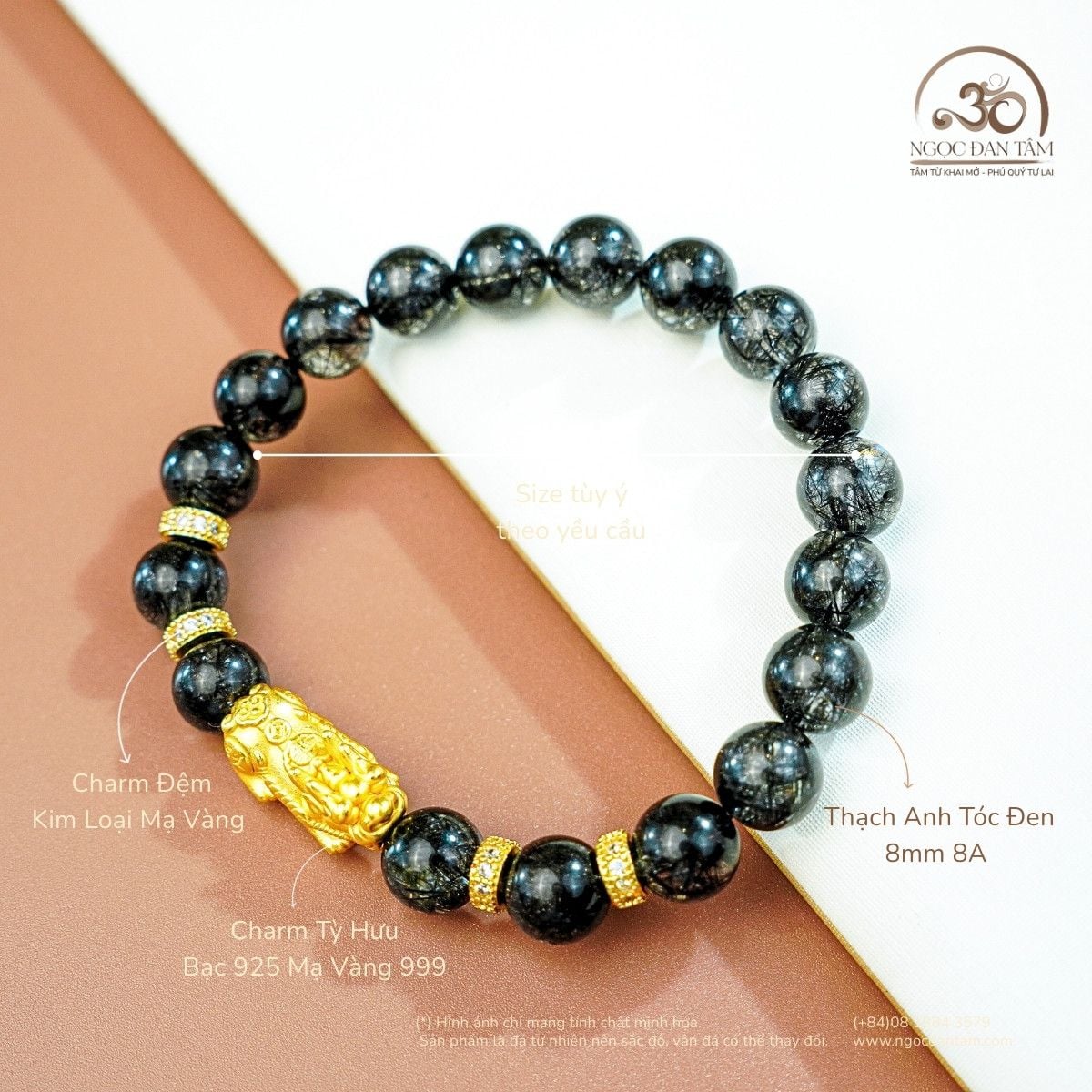  Vòng Tay Thạch Anh Tóc Đen 8A 8mm Phối Charm Tỳ Hưu 