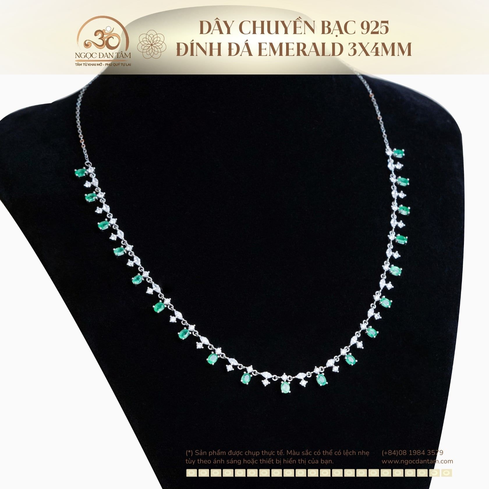  Dây Chuyền Bạc 925 Đính Đá Emerald 3*4mm 
