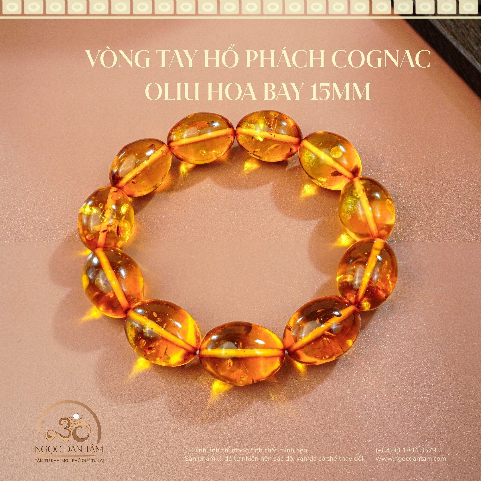  Vòng Tay Hổ Phách Cognac Oliu Hoa Bay 15mm 27gram 