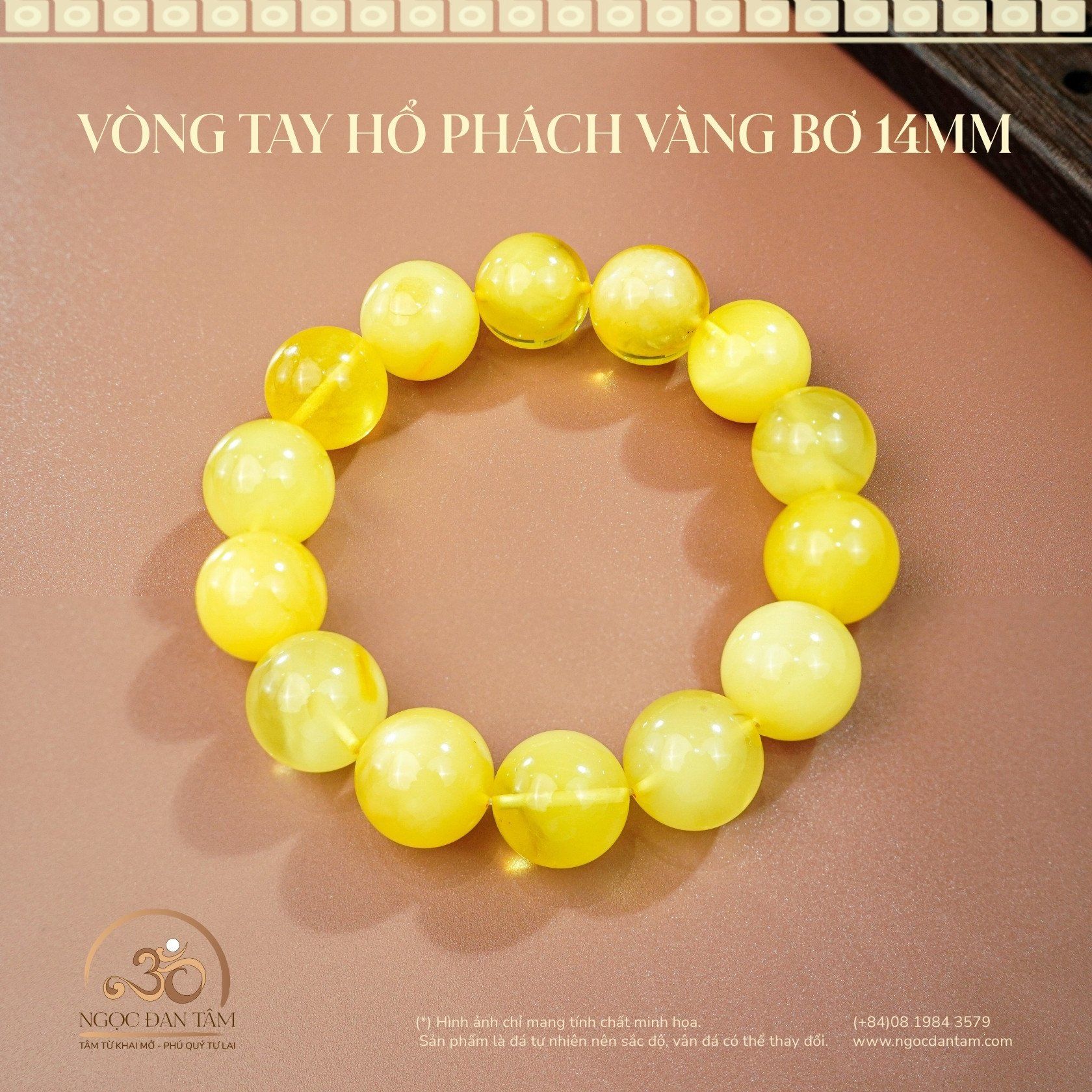  Vòng Tay Hổ Phách Vàng Bơ 14mm 24gram 