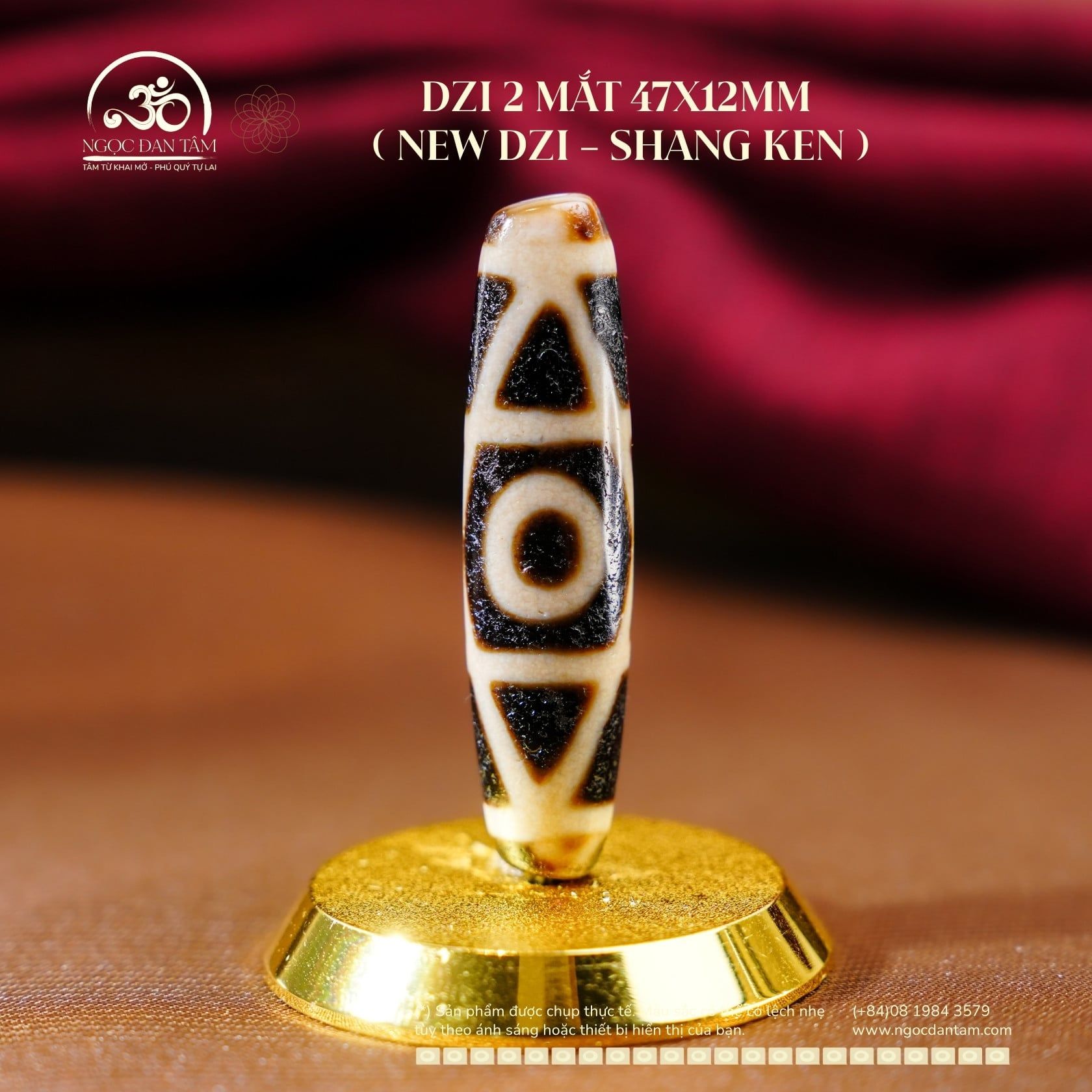 Đá Dzi 2 Mắt Giao Thoa 47x12mm (New Dzi - Shang Ken / Crossed 2 Eyed) 