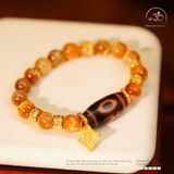  Vòng Tay Thạch Anh Tóc Vàng Đồng Trục Vip 9mm Phối Dzi Chữ Vạn 25x12mm 