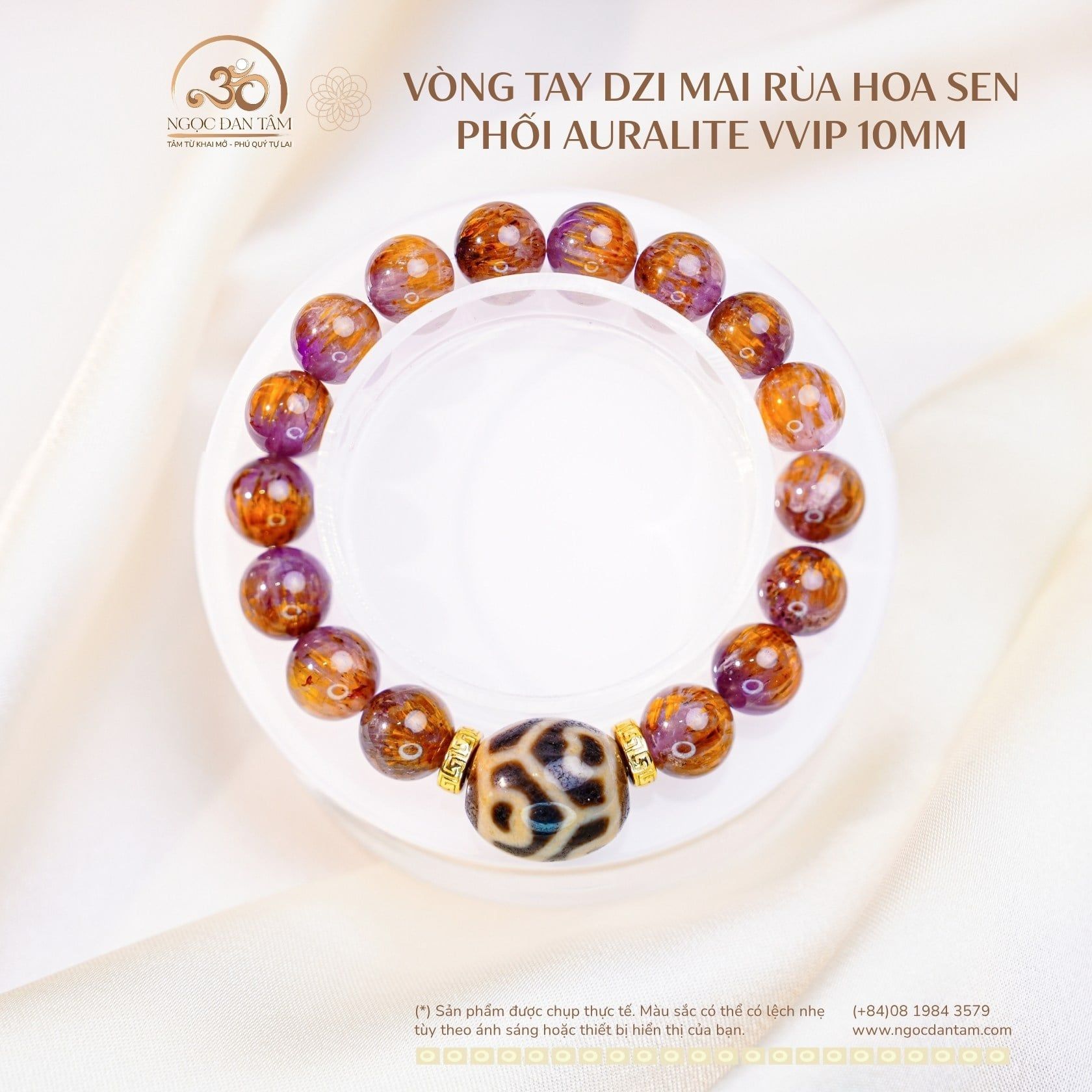  Vòng Tay Dzi Hoa Sen Phối Đá Auralite S23 10mm VVIP 