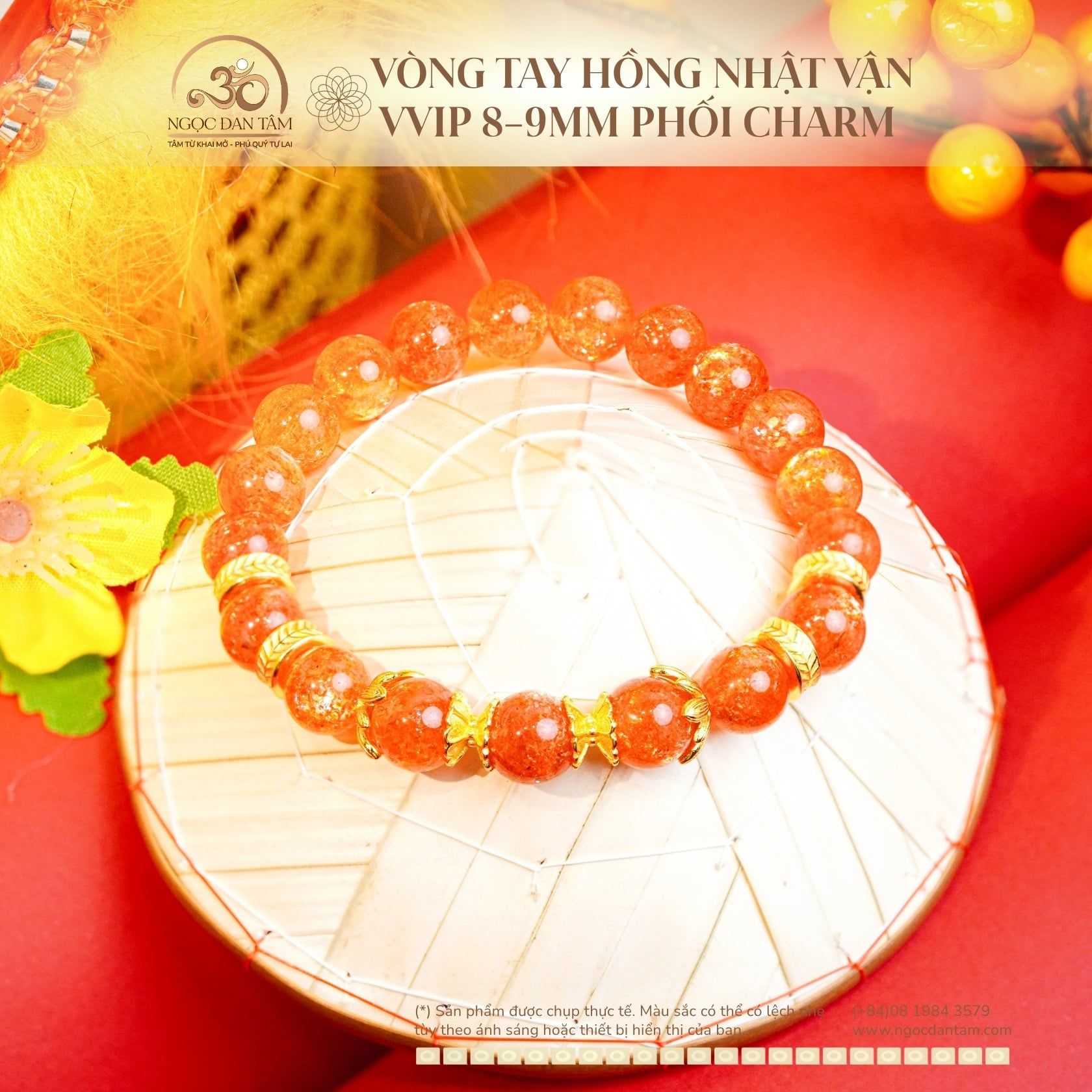  Vòng Tay Hồng Nhật Vận VVIP 8-9mm phối charm 