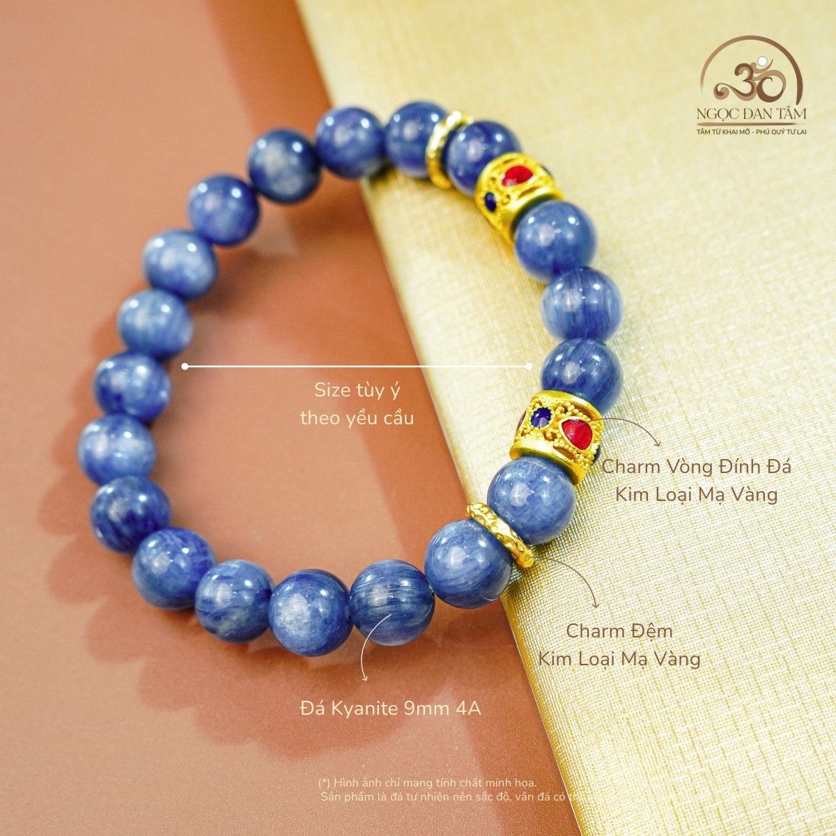  Vòng Tay Kyanite 9mm 4A Phối Charm Mạ Vàng 