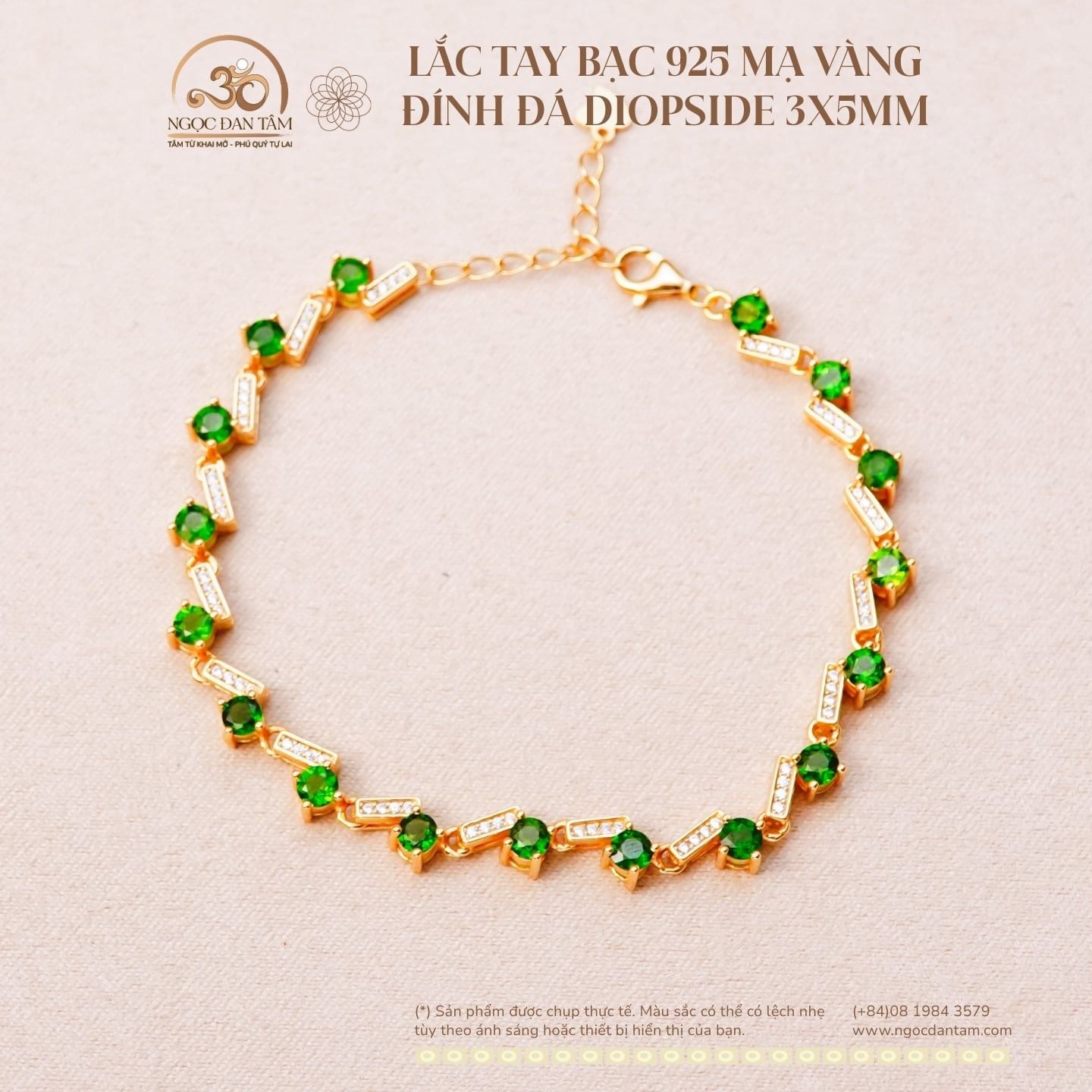  Lắc Tay Bạc 925 Mạ Vàng Đính Đá Diopside 3x5mm 