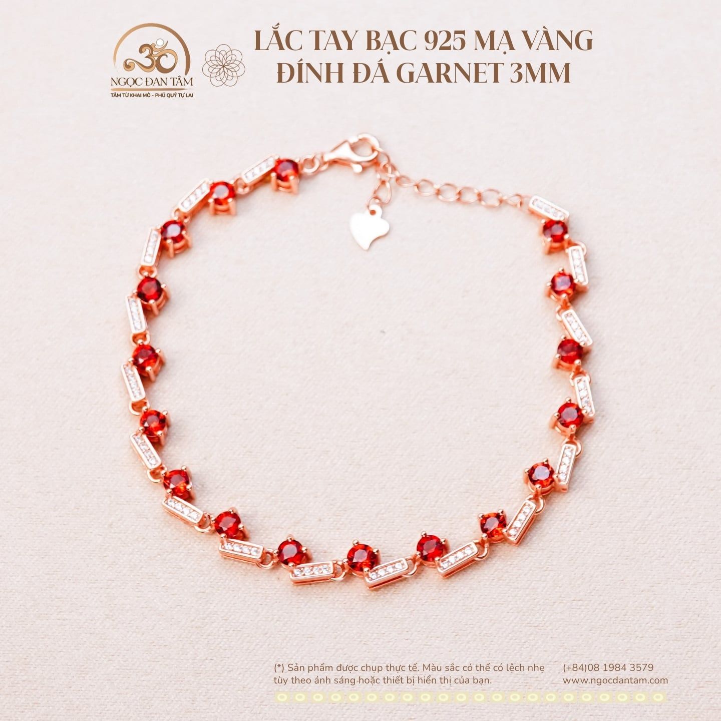  Lắc Tay Bạc 925 Mạ Vàng Đính Đá Garnet 3mm 