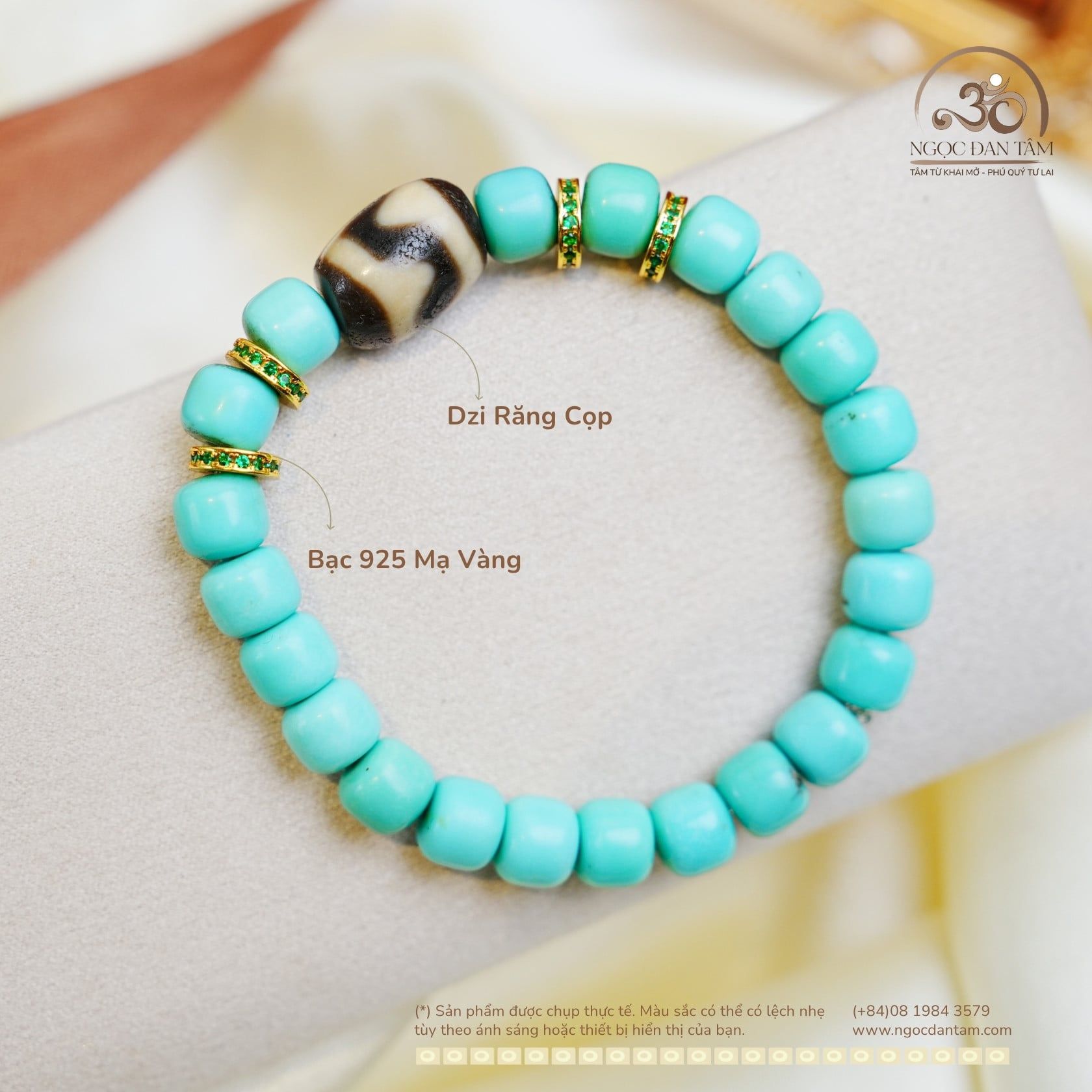  Vòng Tay Dzi Răng Cọp Phối Lam Ngọc 7mm 