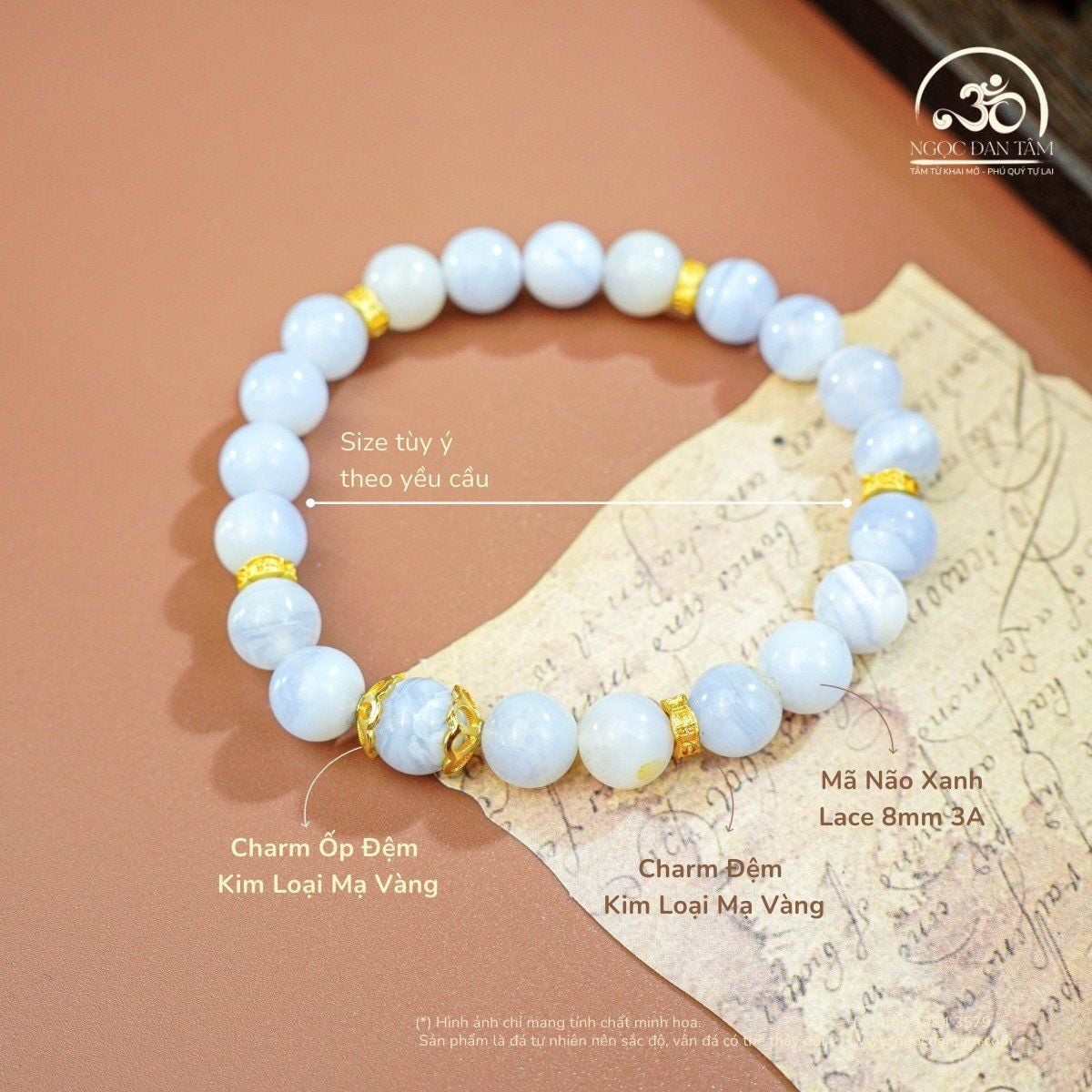  Vòng Tay Đá Mã Não Xanh Lace 8mm 3A Phối Charm Đệm 