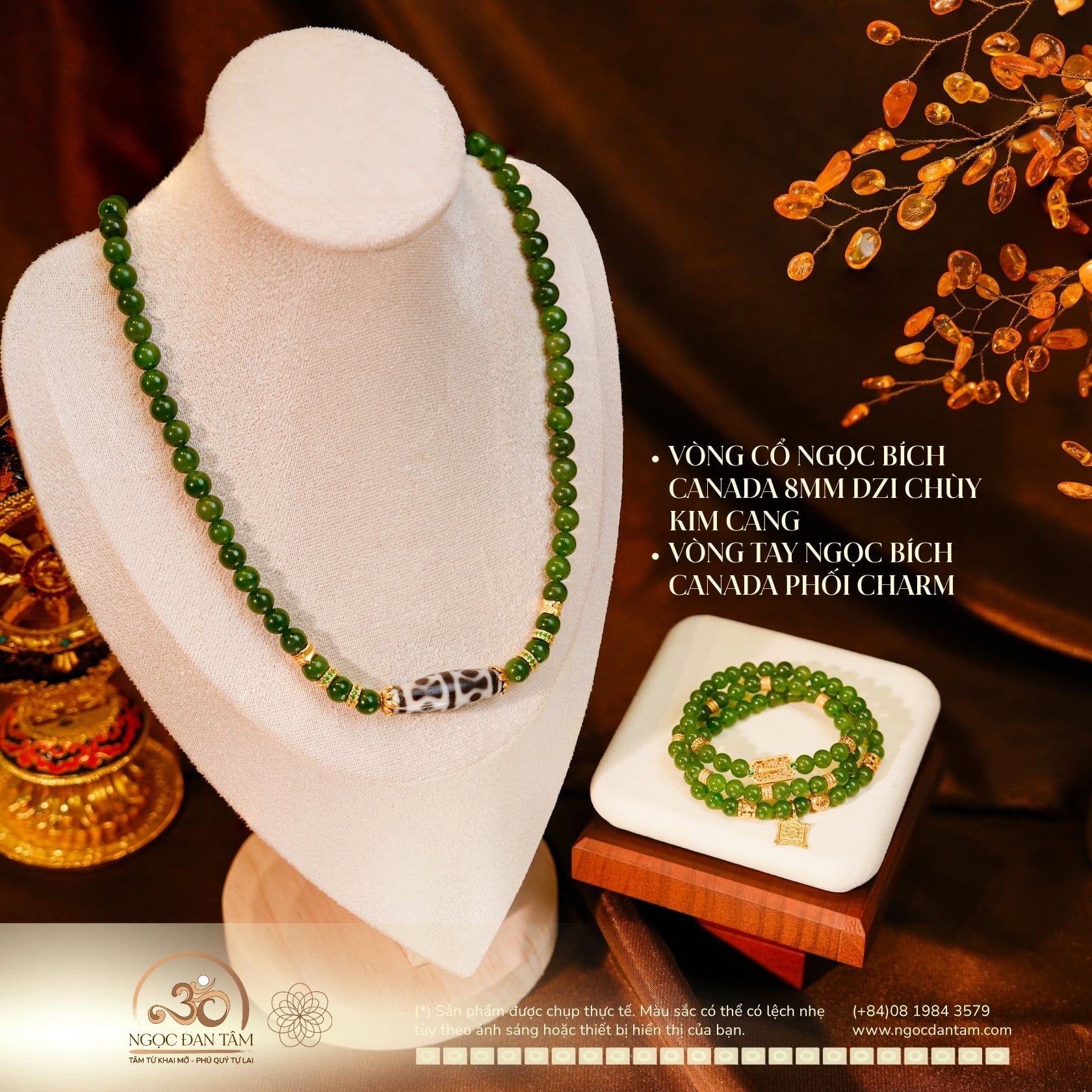  Bộ Trang Sức Ngọc Bích Canada Phối Đá Dzi + Charm Cao Cấp 