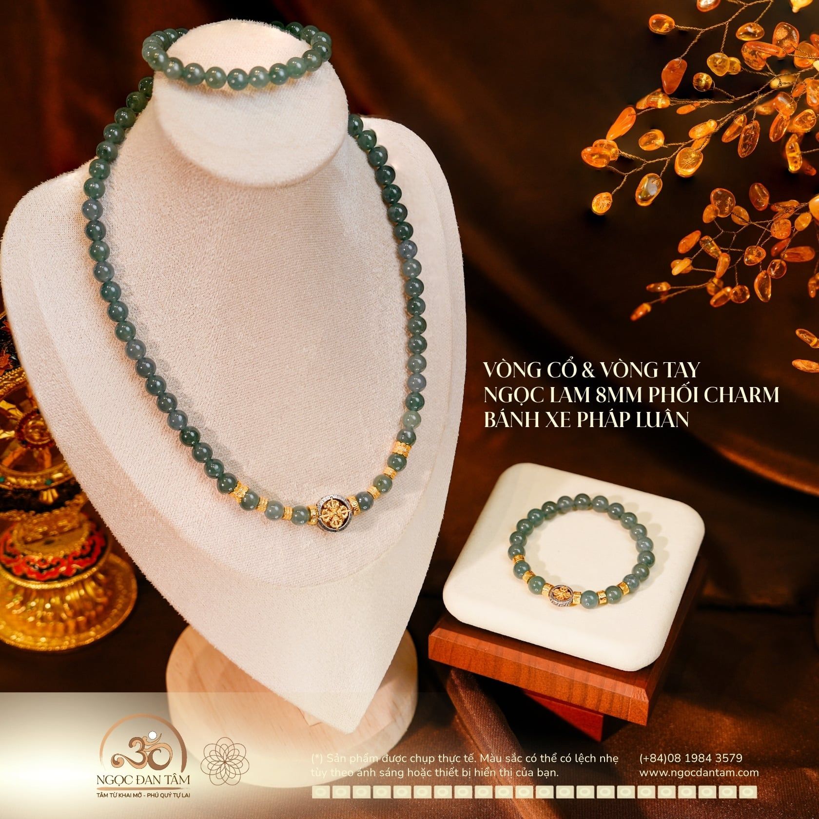  Bộ Trang Sức Ngọc Lam 8mm Phối Charm Bánh Xe Pháp Luân 