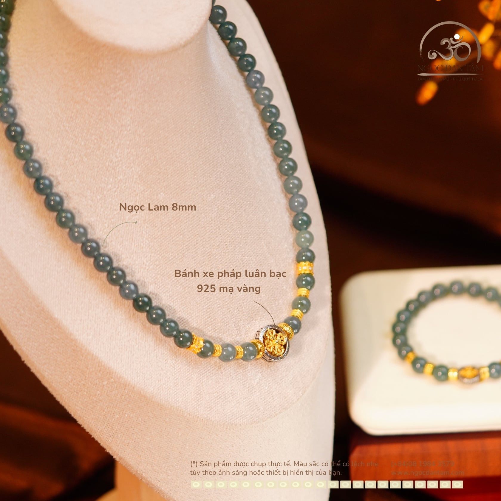  Bộ Trang Sức Ngọc Lam 8mm Phối Charm Bánh Xe Pháp Luân 