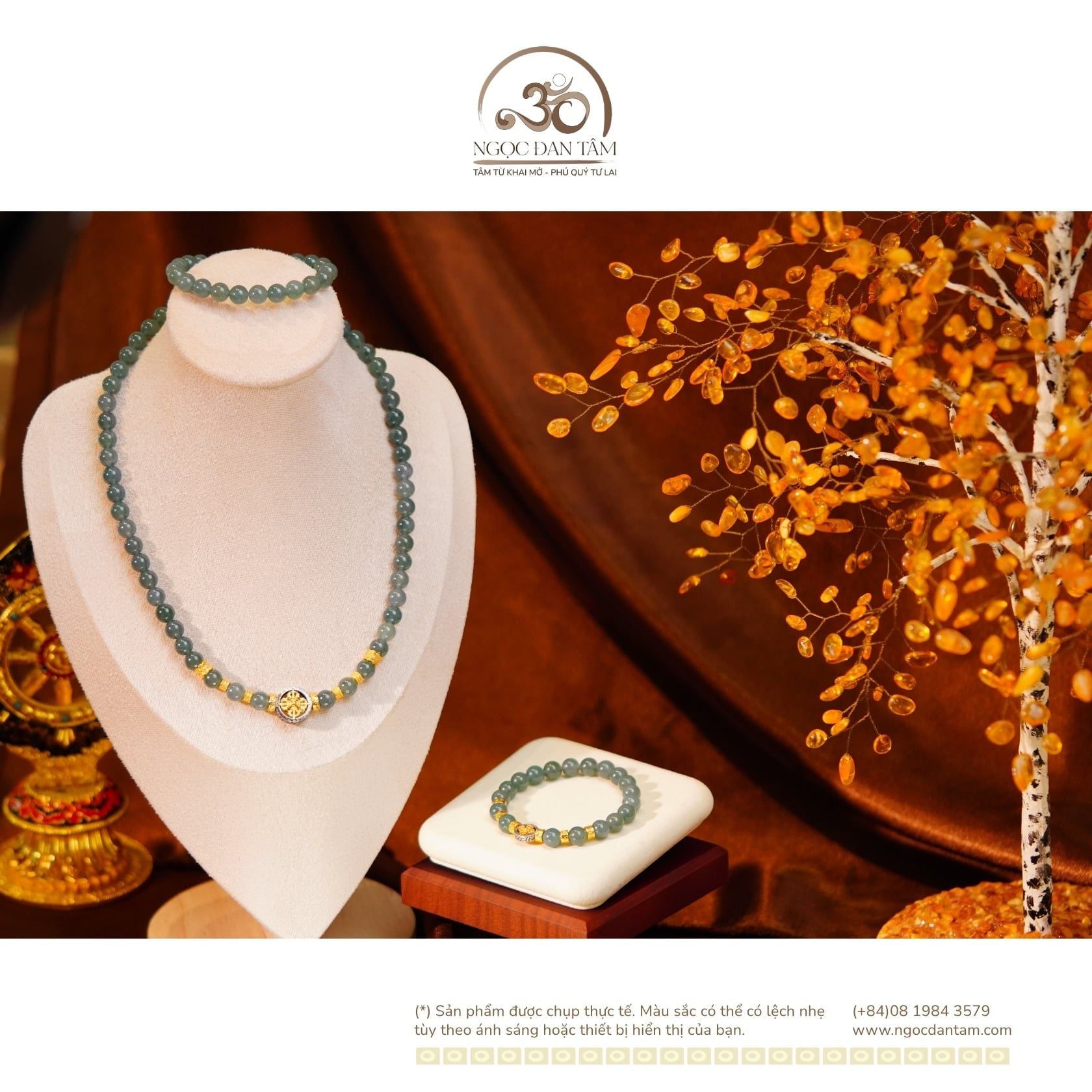  Bộ Trang Sức Ngọc Lam 8mm Phối Charm Bánh Xe Pháp Luân 