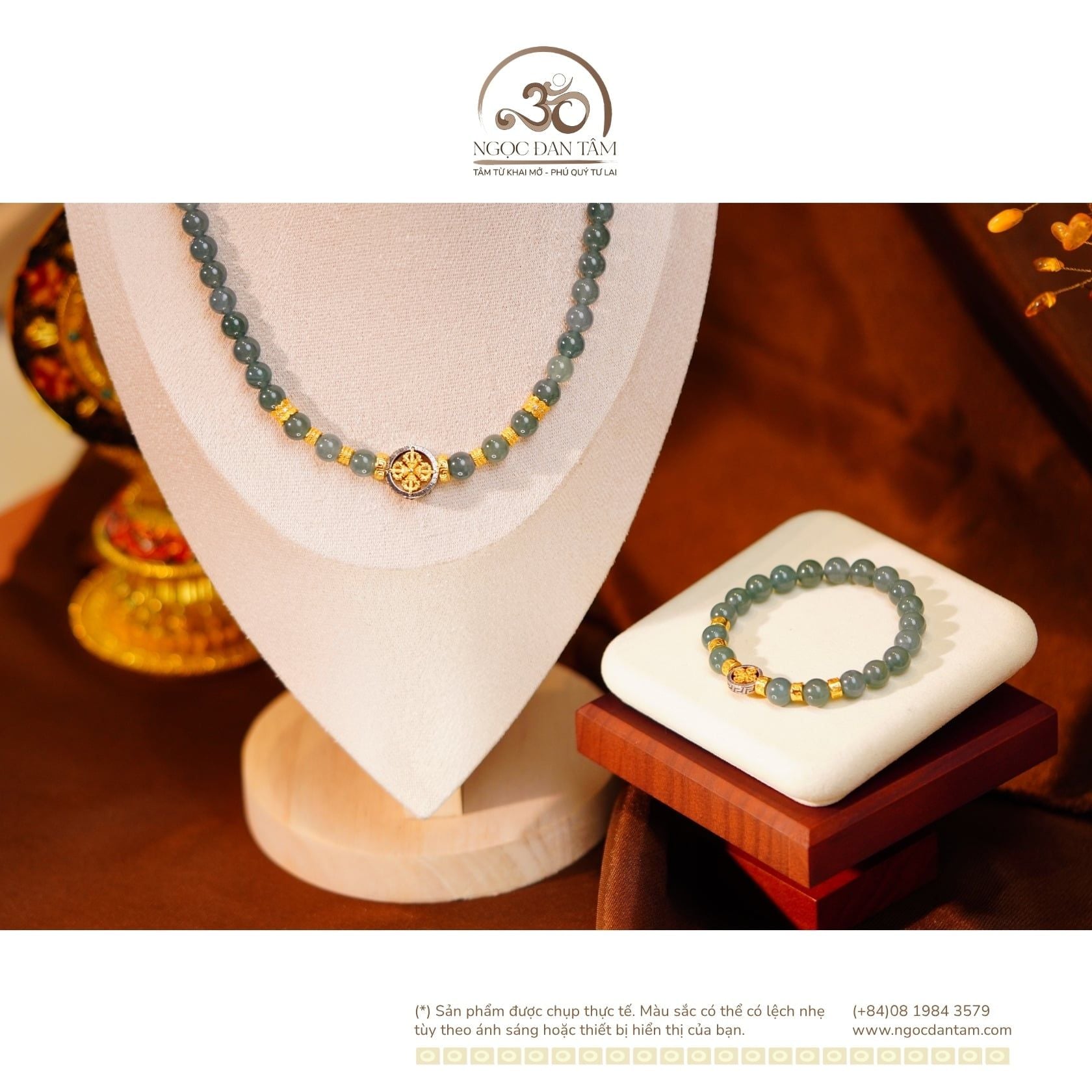  Bộ Trang Sức Ngọc Lam 8mm Phối Charm Bánh Xe Pháp Luân 