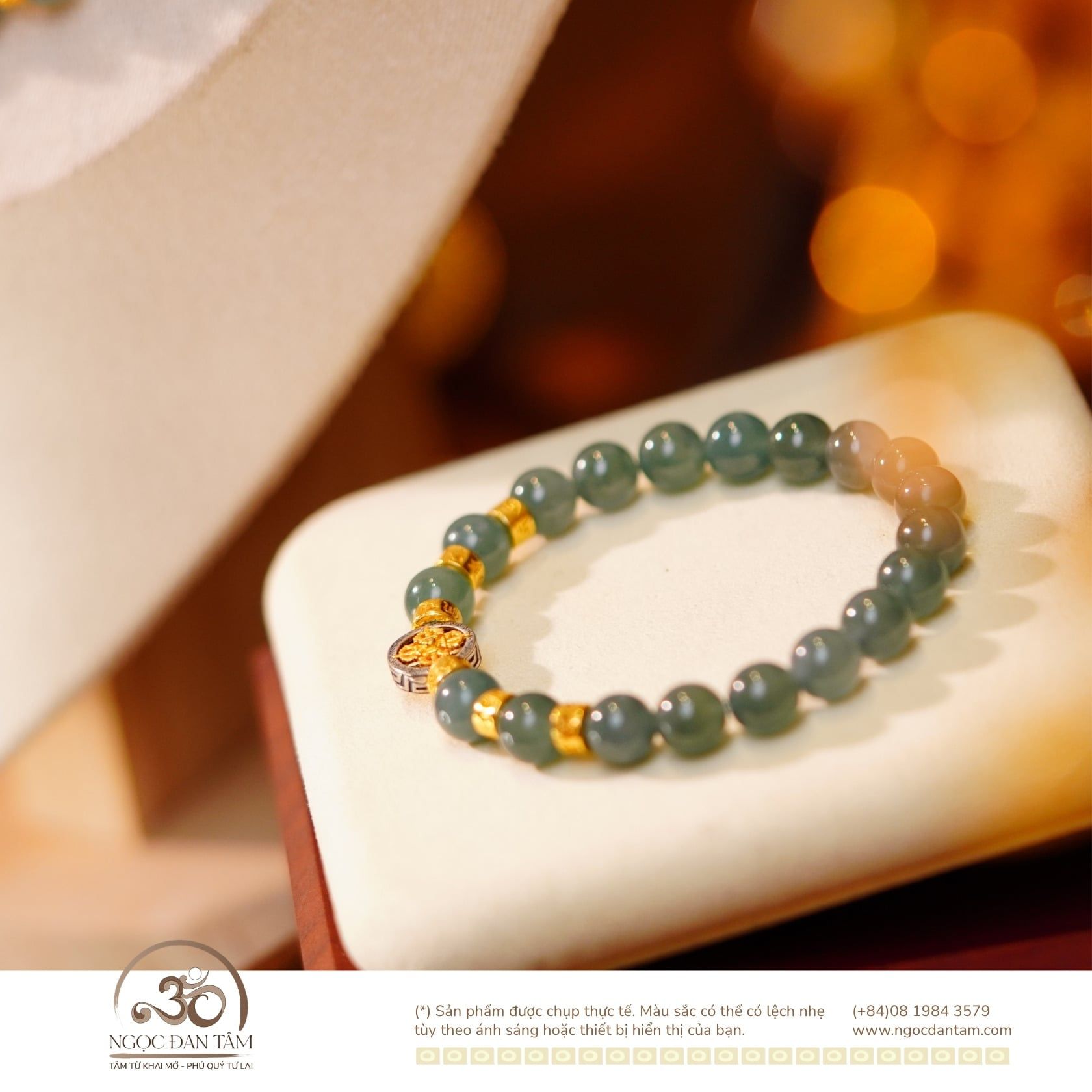  Bộ Trang Sức Ngọc Lam 8mm Phối Charm Bánh Xe Pháp Luân 
