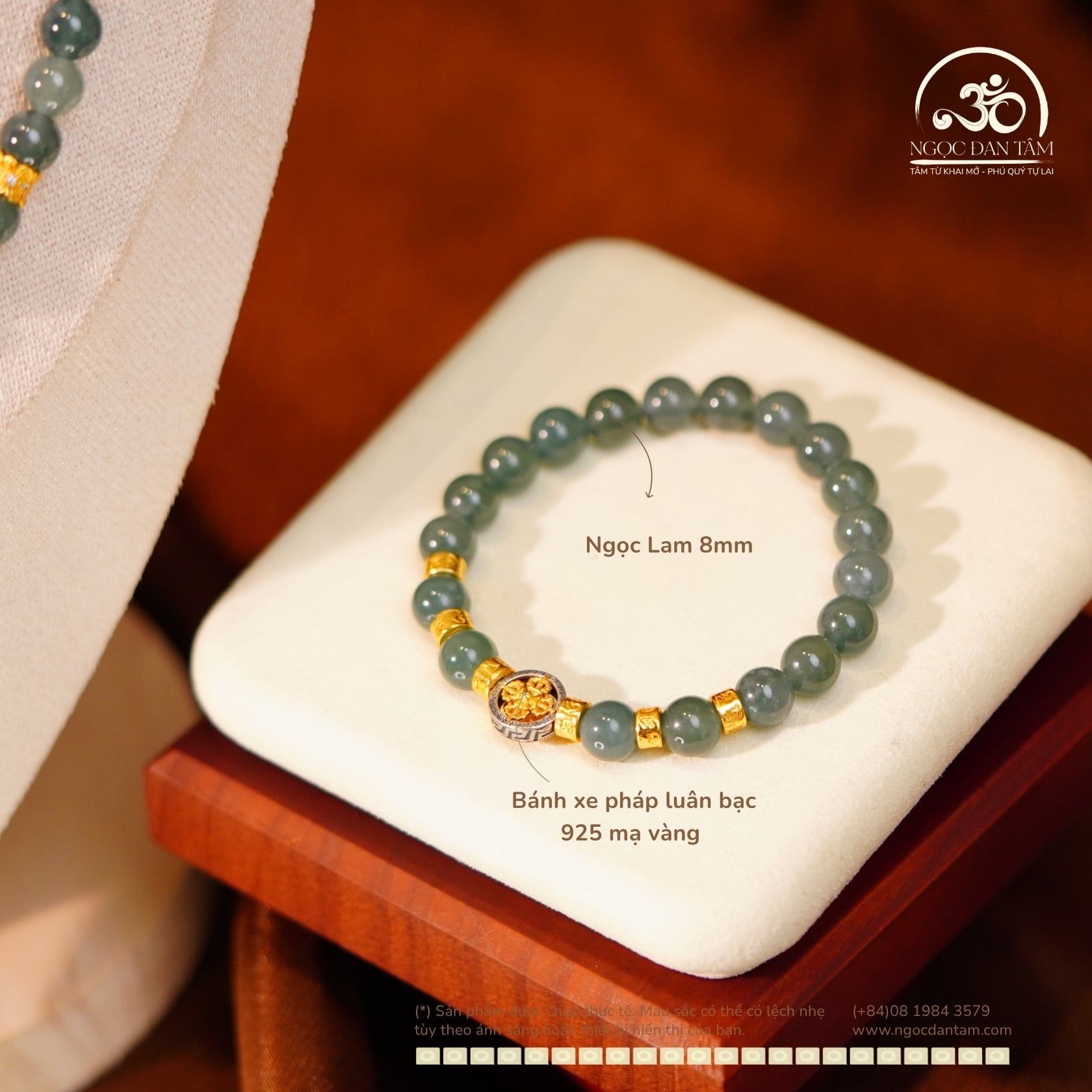  Bộ Trang Sức Ngọc Lam 8mm Phối Charm Bánh Xe Pháp Luân 