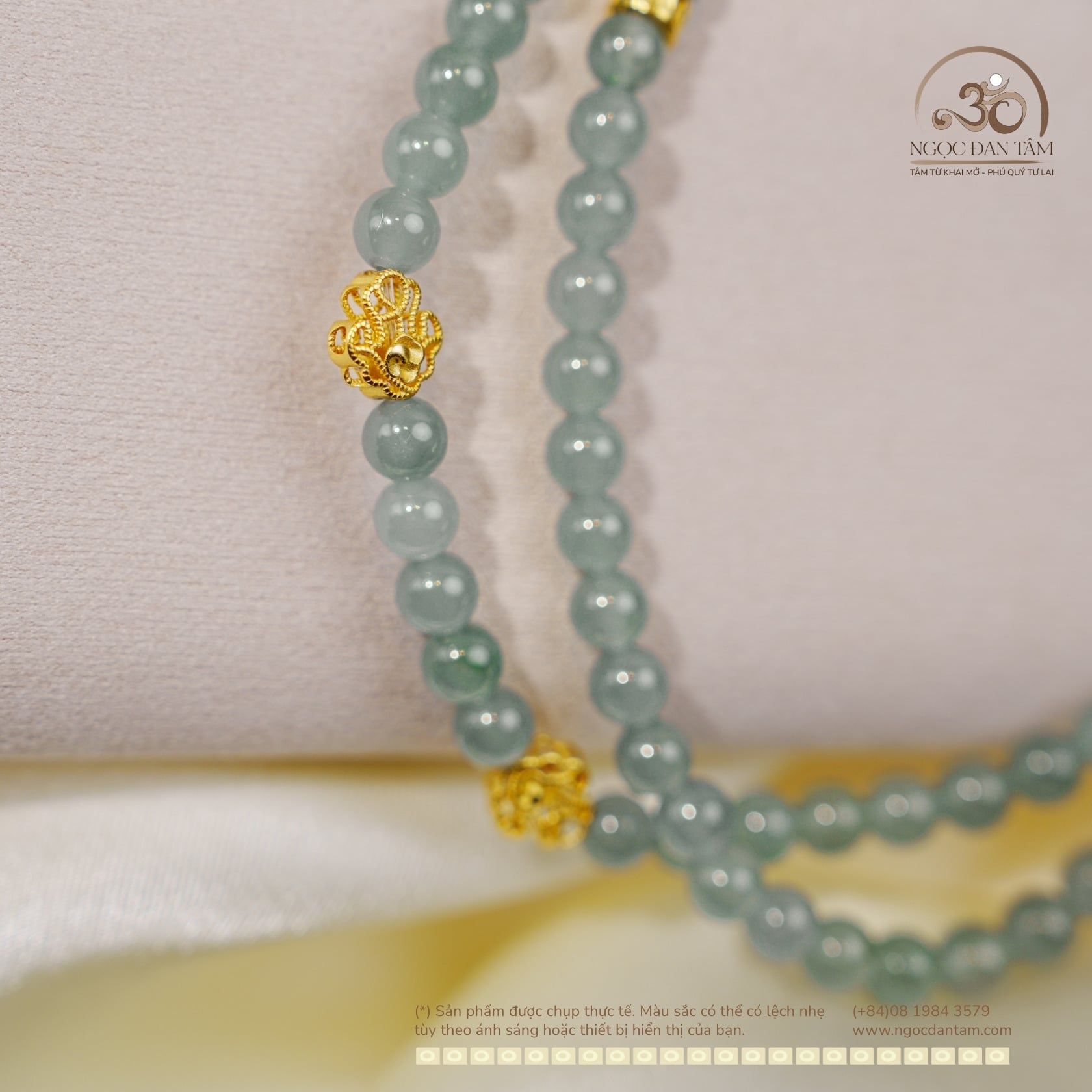  Chuỗi Vòng Tay Ngọc Lam Băng 5,8mm Phối Charm Bạc 925 Mạ Vàng Cao Cấp 