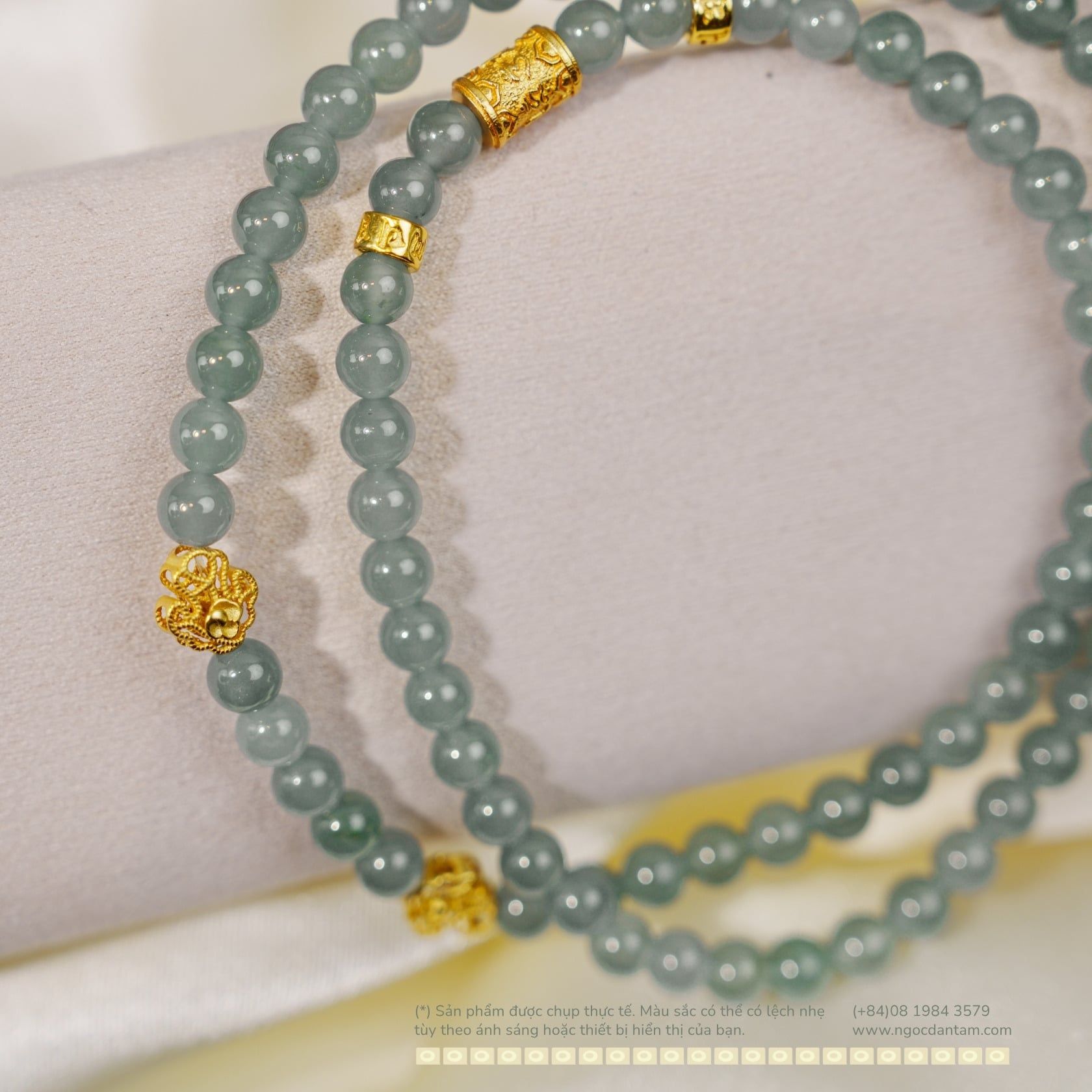  Chuỗi Vòng Tay Ngọc Lam Băng 5,8mm Phối Charm Bạc 925 Mạ Vàng Cao Cấp 