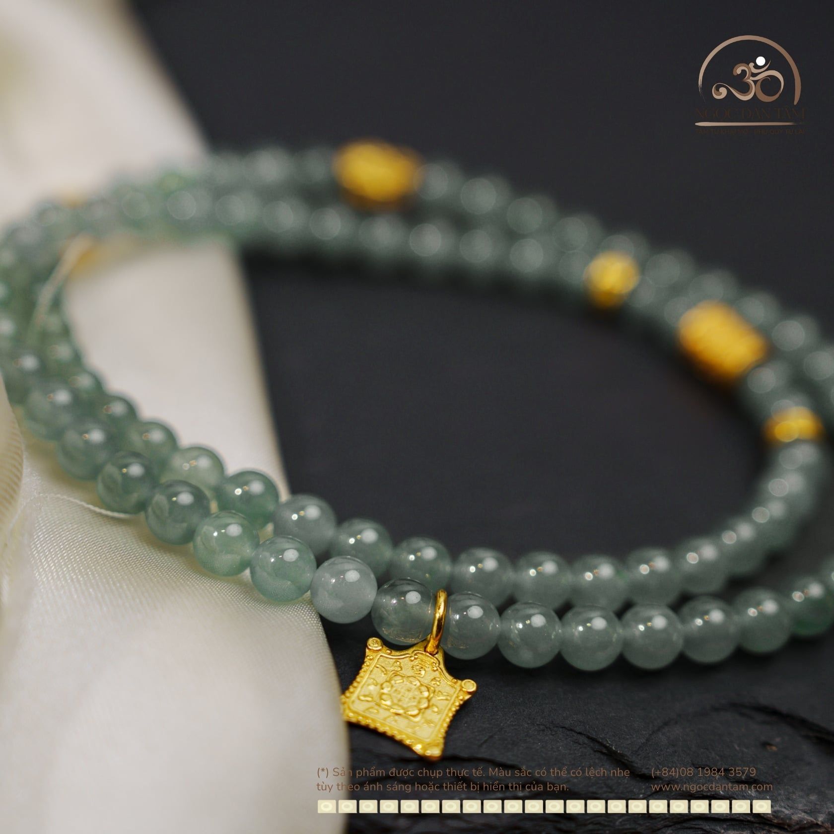 Chuỗi Vòng Tay Ngọc Lam Băng 5,8mm Phối Charm Bạc 925 Mạ Vàng Cao Cấp 