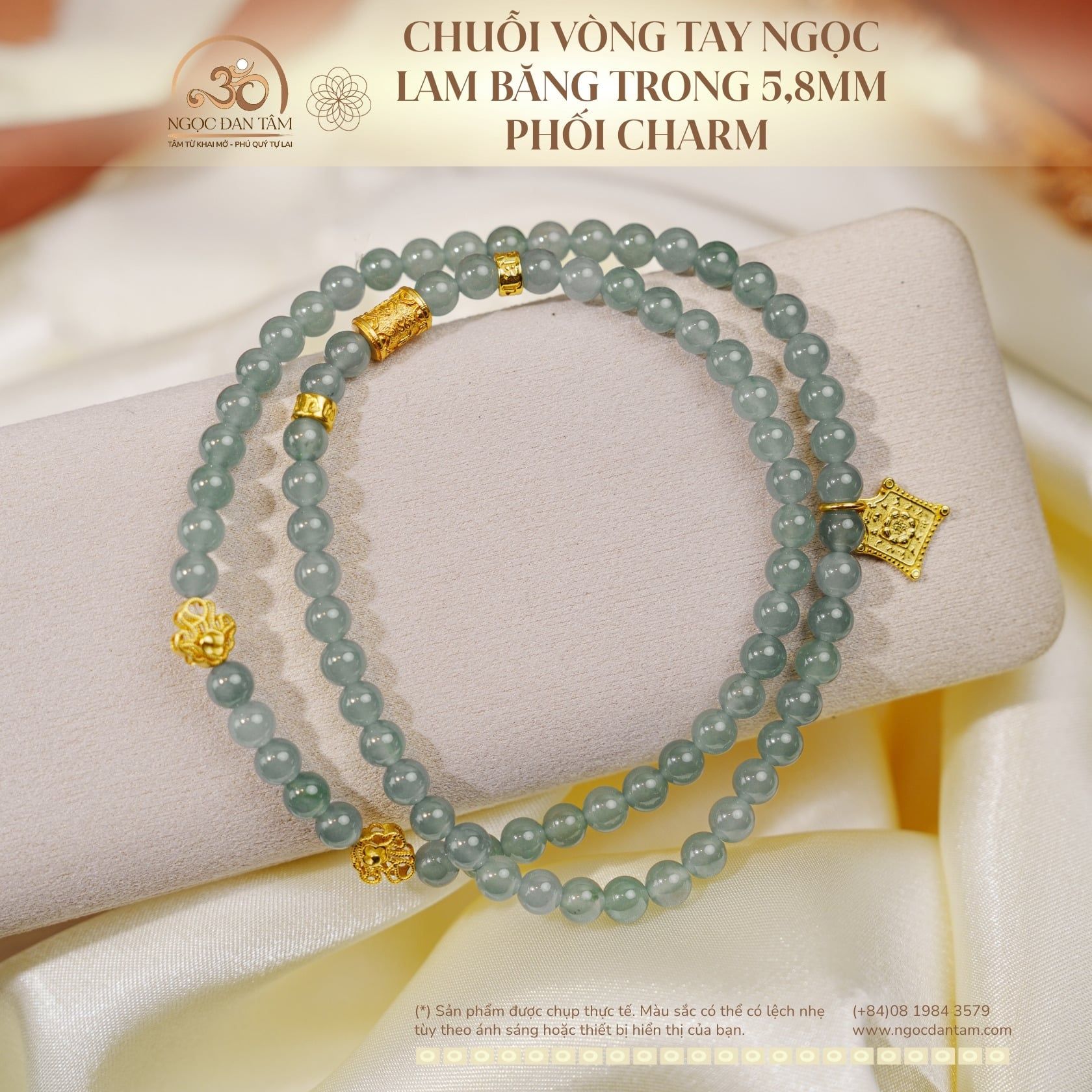  Chuỗi Vòng Tay Ngọc Lam Băng 5,8mm Phối Charm Bạc 925 Mạ Vàng Cao Cấp 