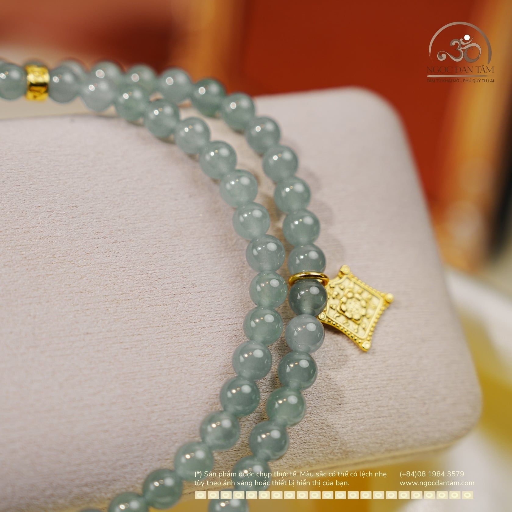  Chuỗi Vòng Tay Ngọc Lam Băng 5,8mm Phối Charm Bạc 925 Mạ Vàng Cao Cấp 
