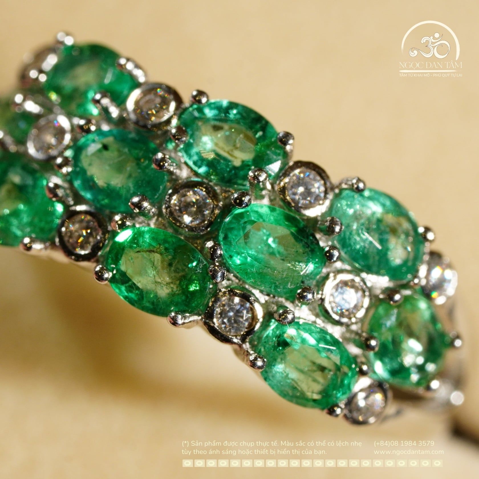  Nhẫn Bạc 925 Đính Đá Emerald 3*4mm Cỏ 4 Lá 