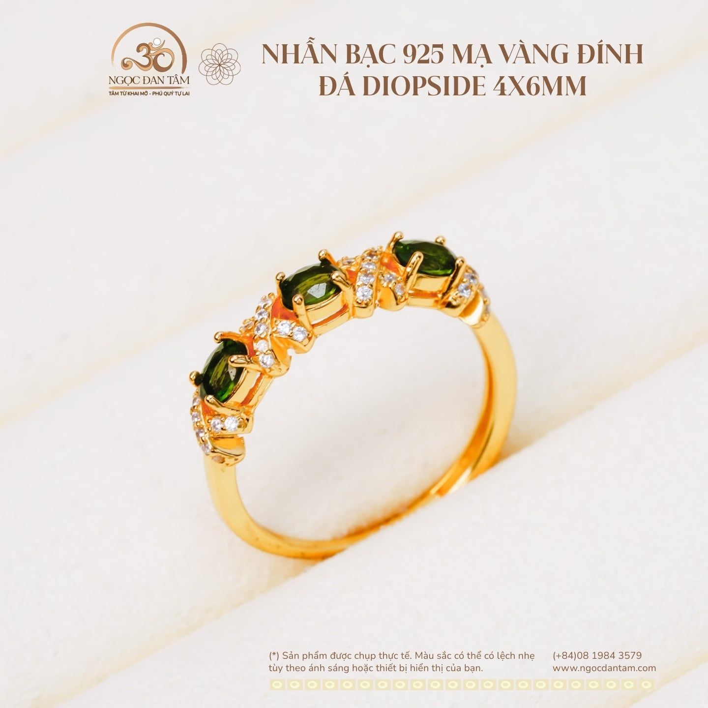  Nhẫn Bạc 925 Mạ Vàng Đính Đá Diopside 4×6mm 