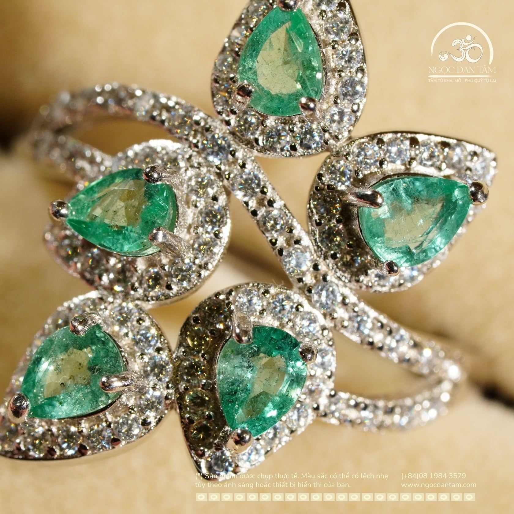  Nhẫn Bạc 925 Đính Đá Emerald 3*4mm Dáng Lá 