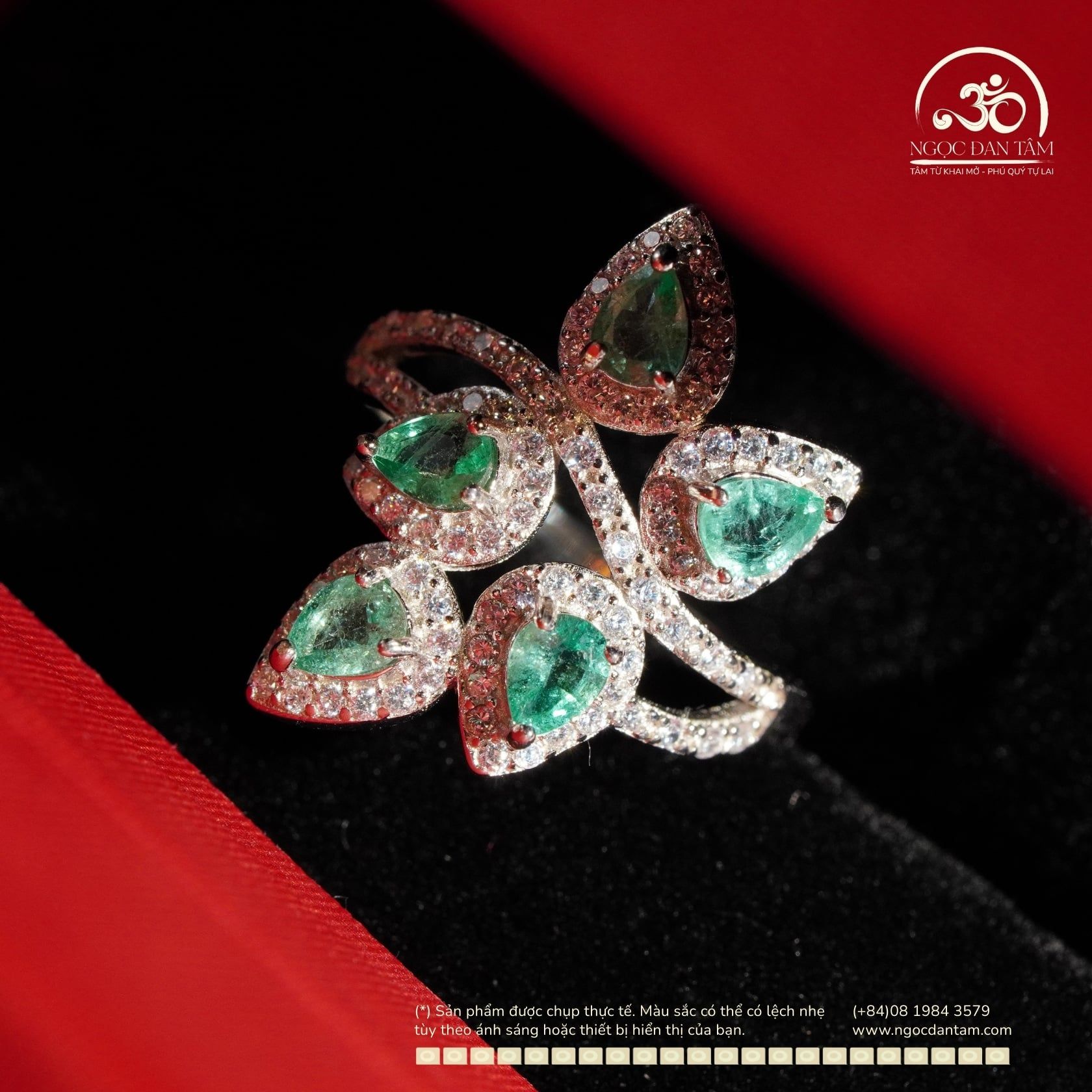  Nhẫn Bạc 925 Đính Đá Emerald 3*4mm Dáng Lá 