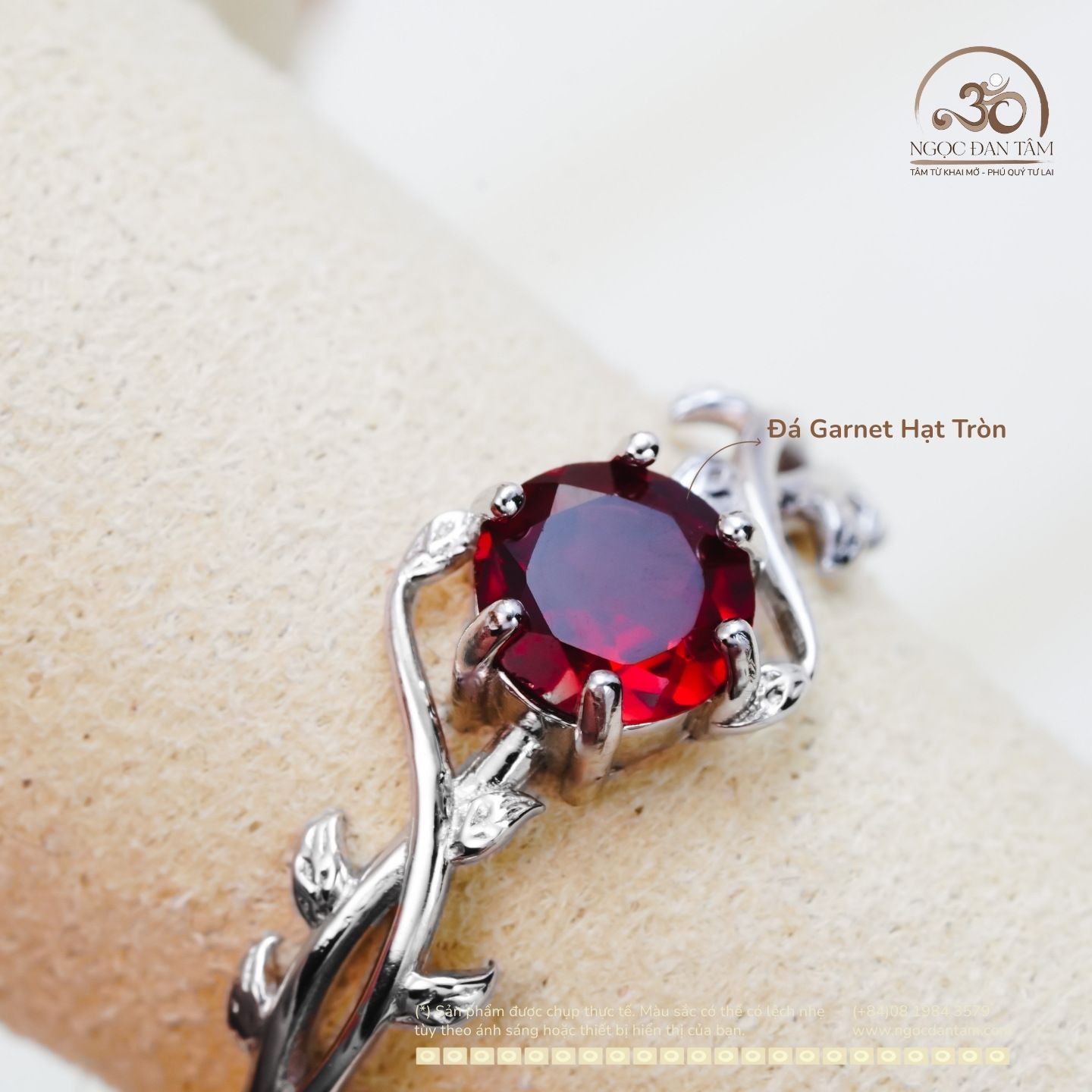  Nhẫn Bạc 925 Đính Đá Garnet Hạt Tròn 6mm 