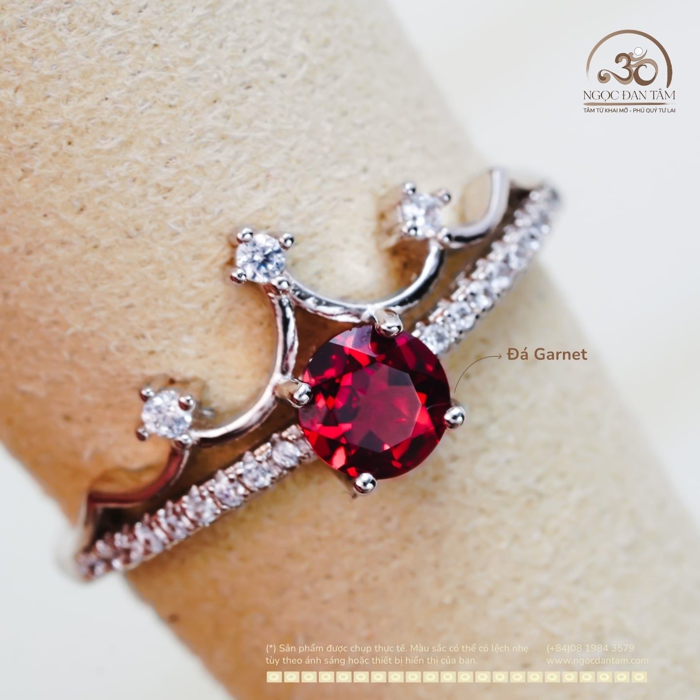  Nhẫn Bạc 925 Đính Đá Garnet 5mm 