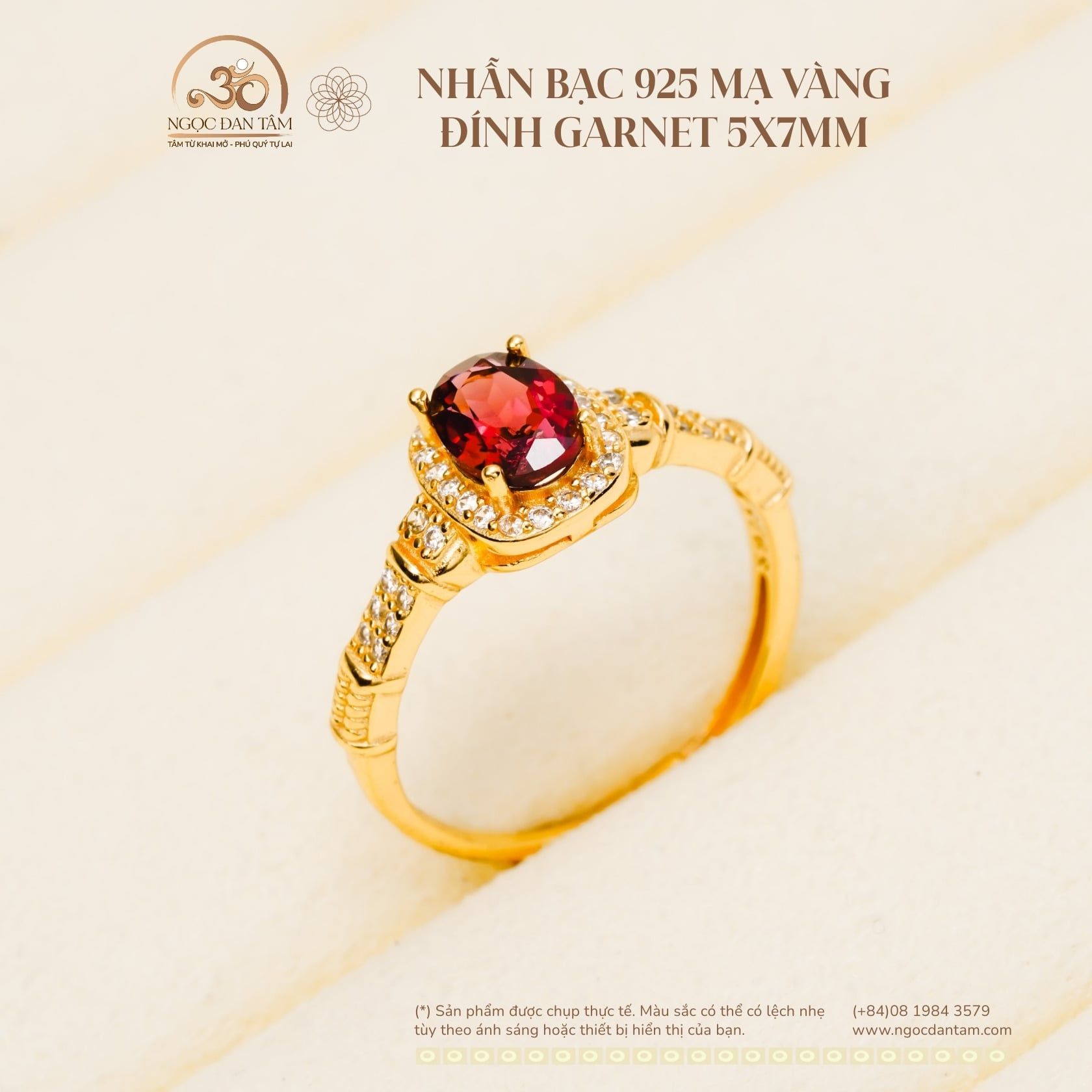  Nhẫn Bạc 925 Mạ Vàng Đính Đá Garnet 5×7mm 