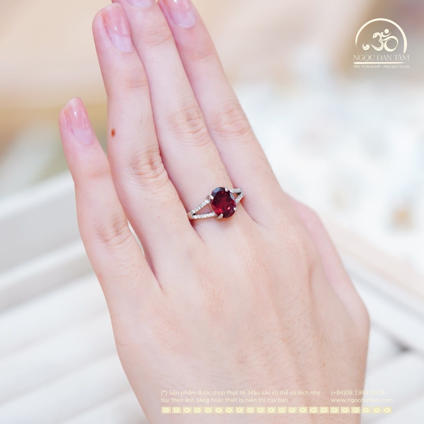  Nhẫn Bạc 925 Đính Đá Garnet 8×10mm 