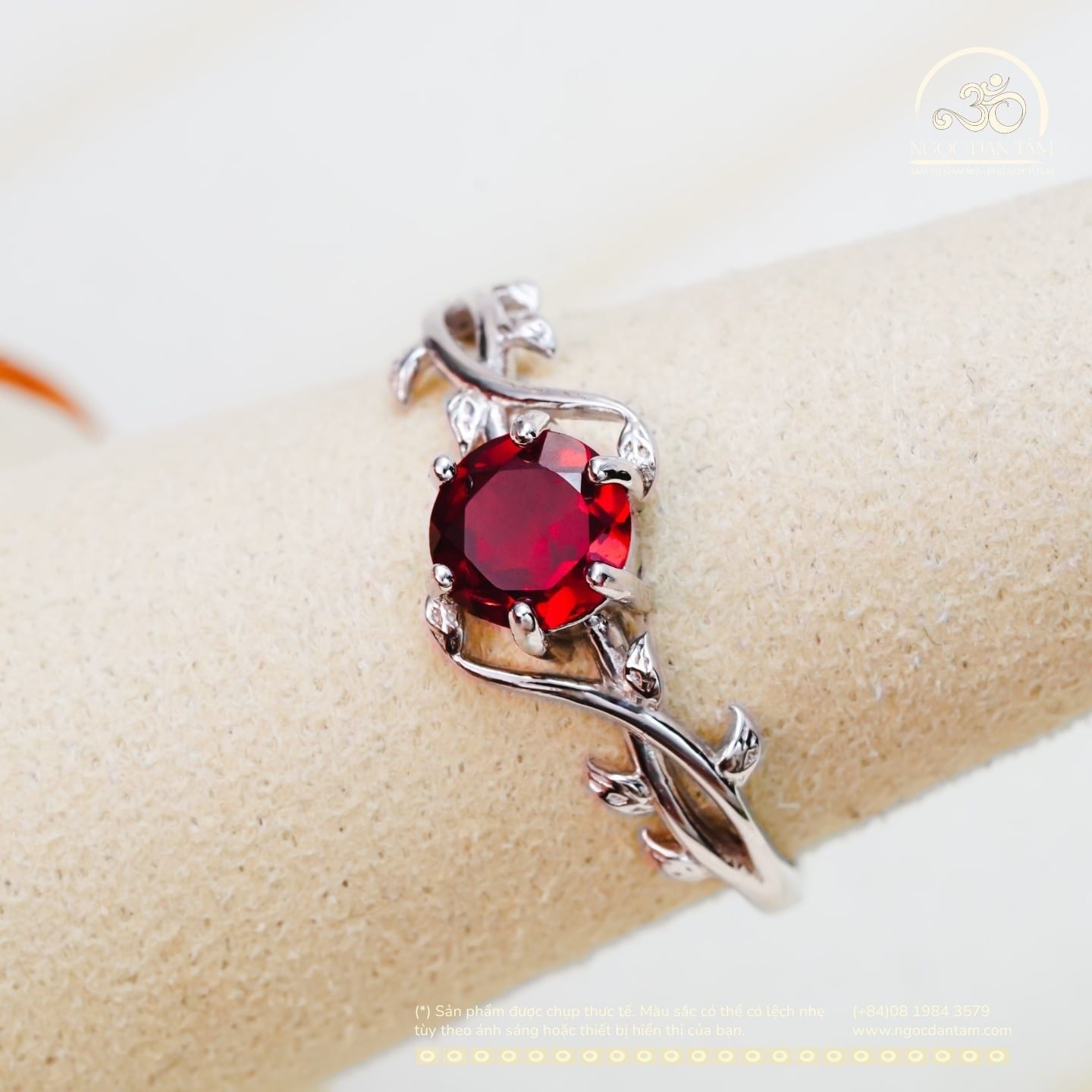  Nhẫn Bạc 925 Đính Đá Garnet Hạt Tròn 6mm 