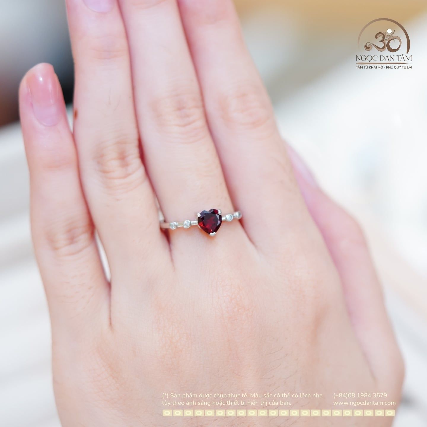  Nhẫn Bạc 925 Đính Đá Garnet Trái Tim 6mm 