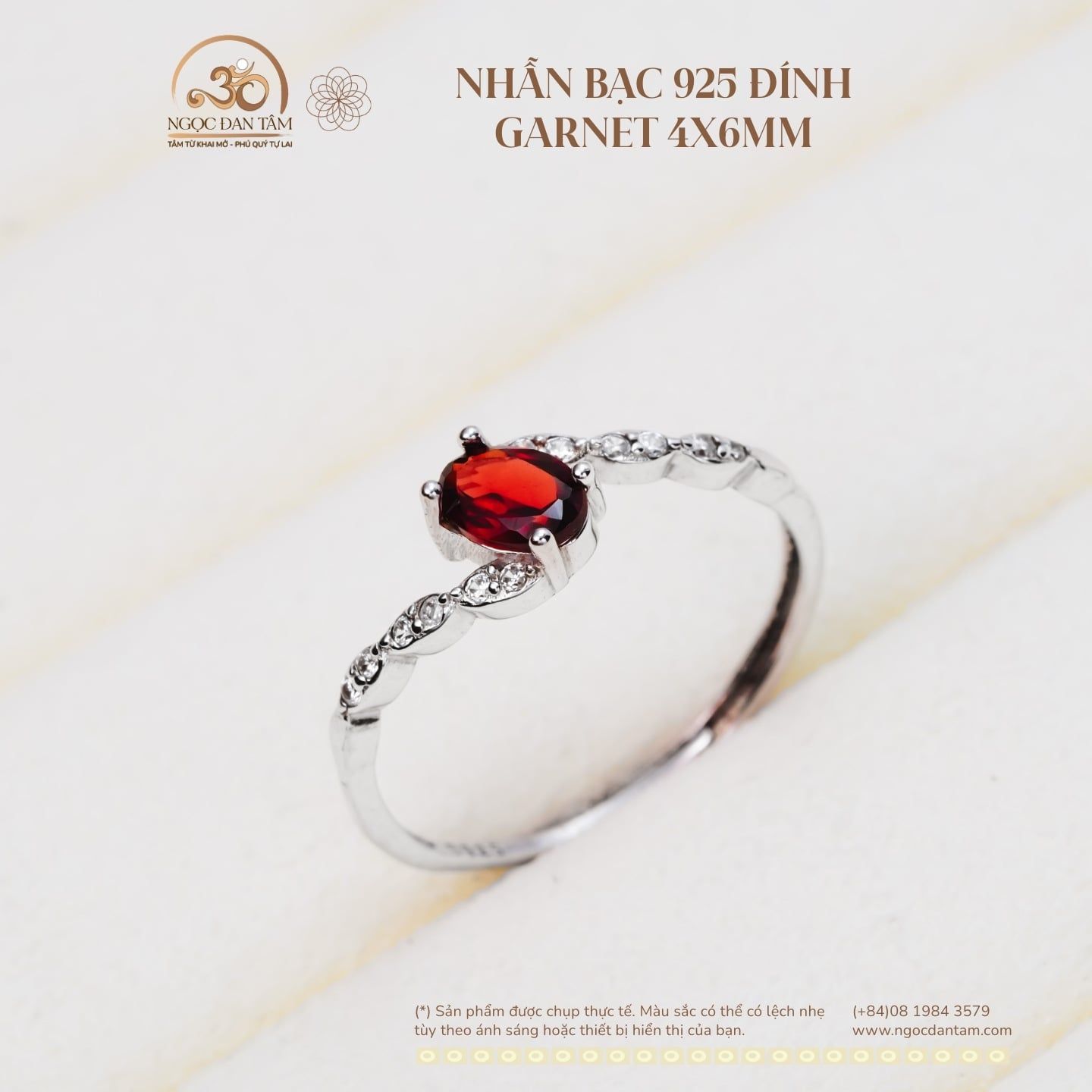  Nhẫn Bạc 925 Đính Đá Garnet 4×6mm 