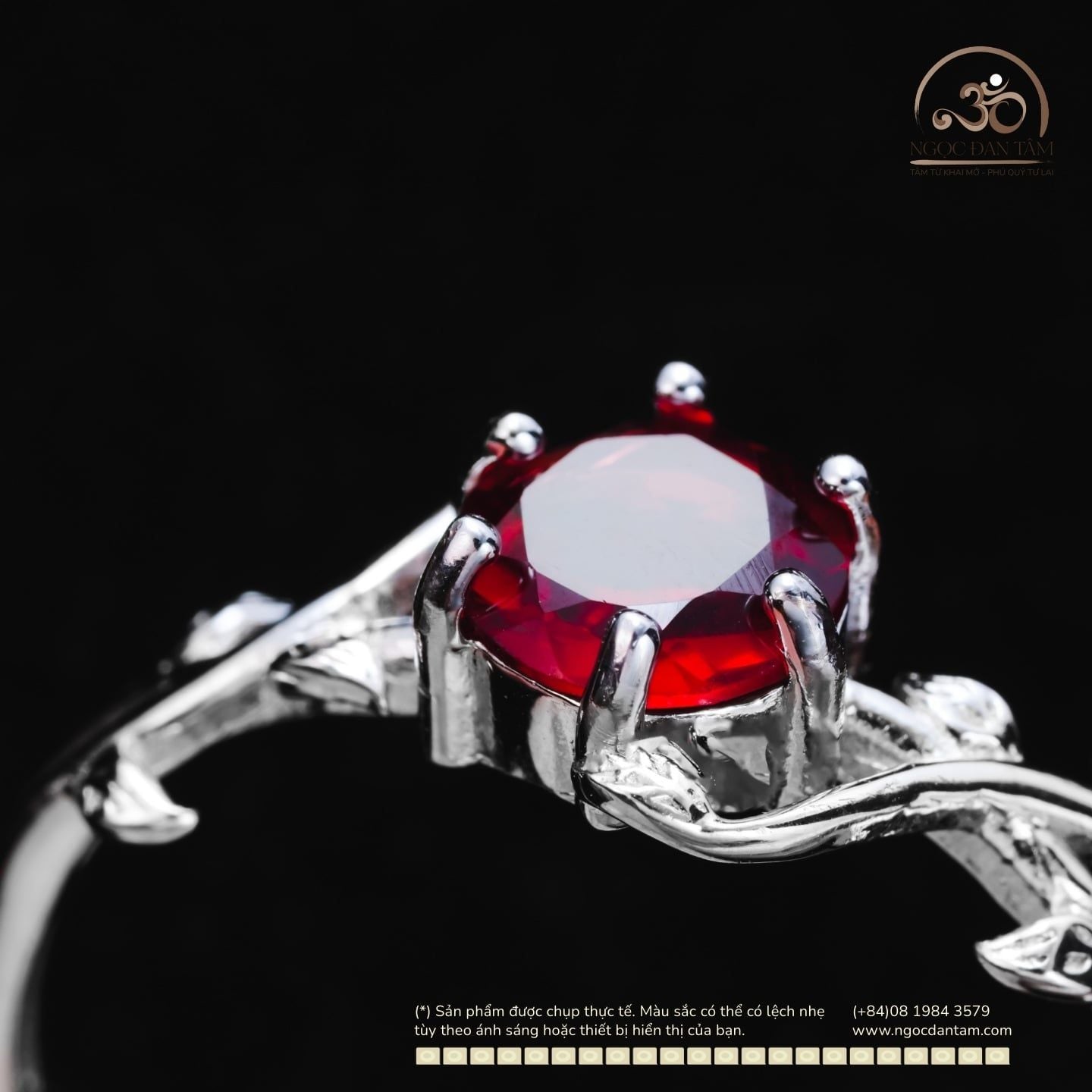  Nhẫn Bạc 925 Đính Đá Garnet Hạt Tròn 6mm 