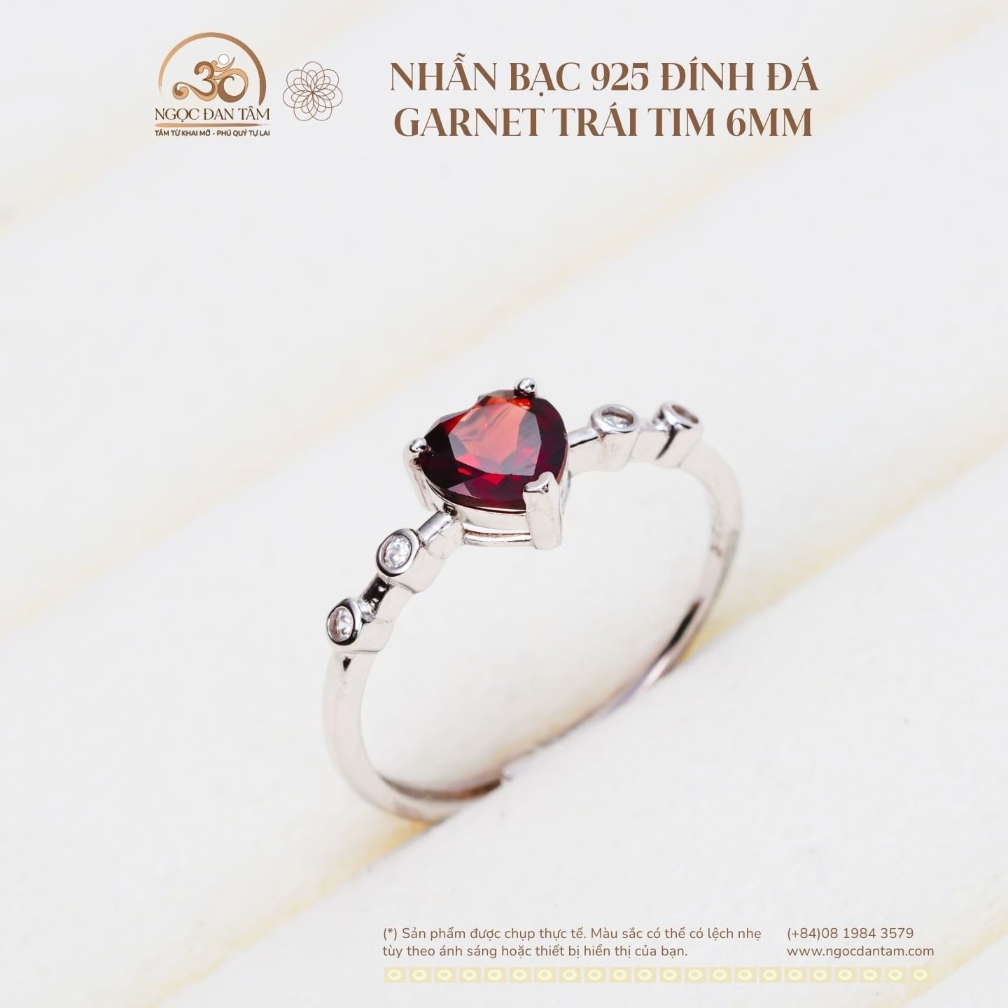  Nhẫn Bạc 925 Đính Đá Garnet Trái Tim 6mm 