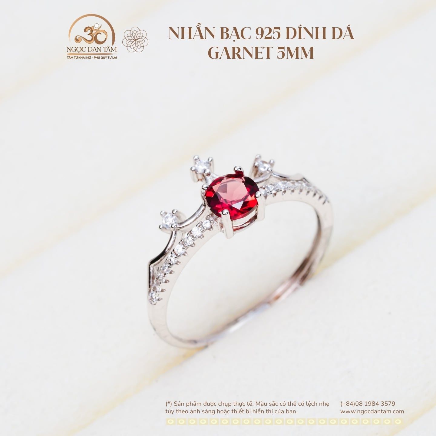  Nhẫn Bạc 925 Đính Đá Garnet 5mm 