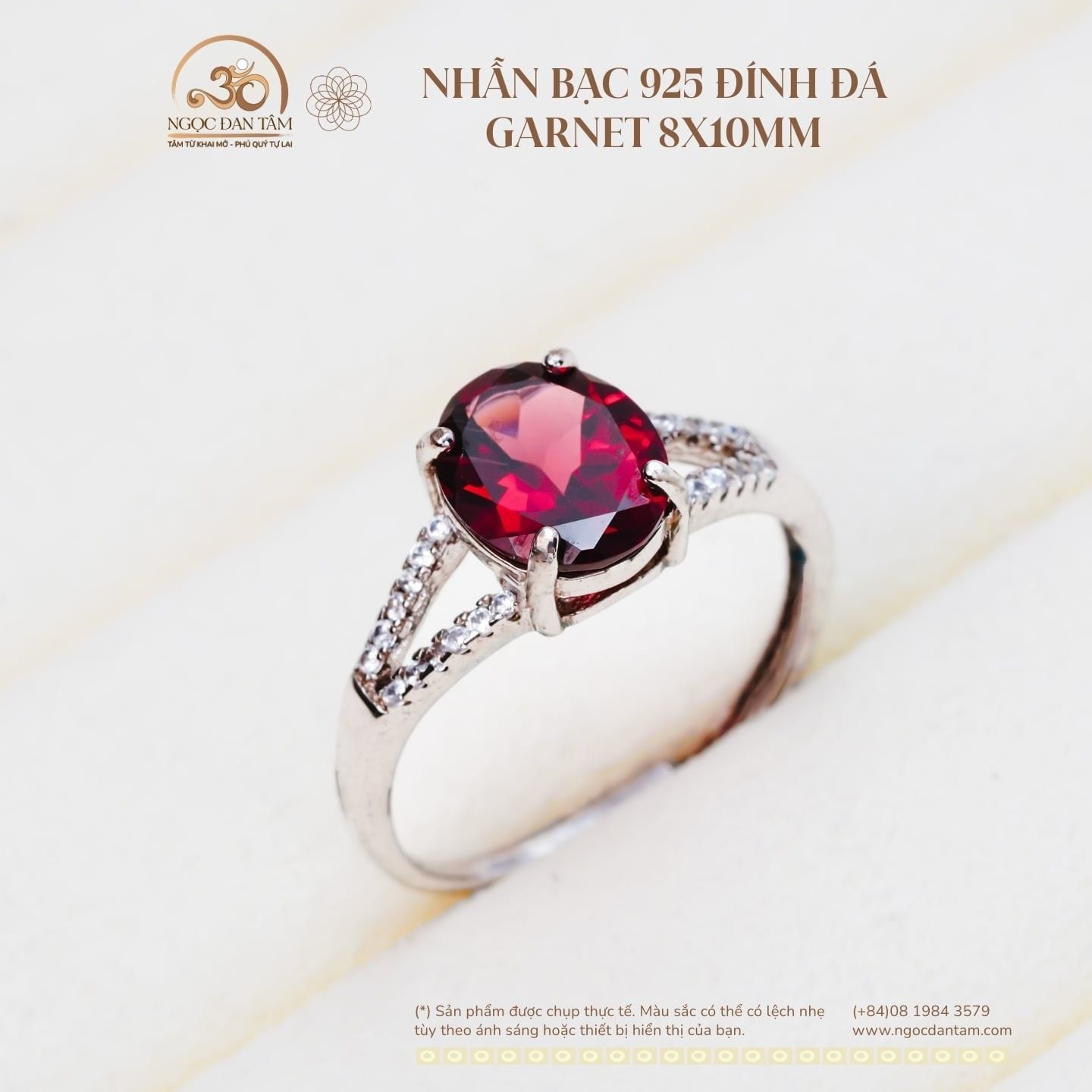  Nhẫn Bạc 925 Đính Đá Garnet 8×10mm 