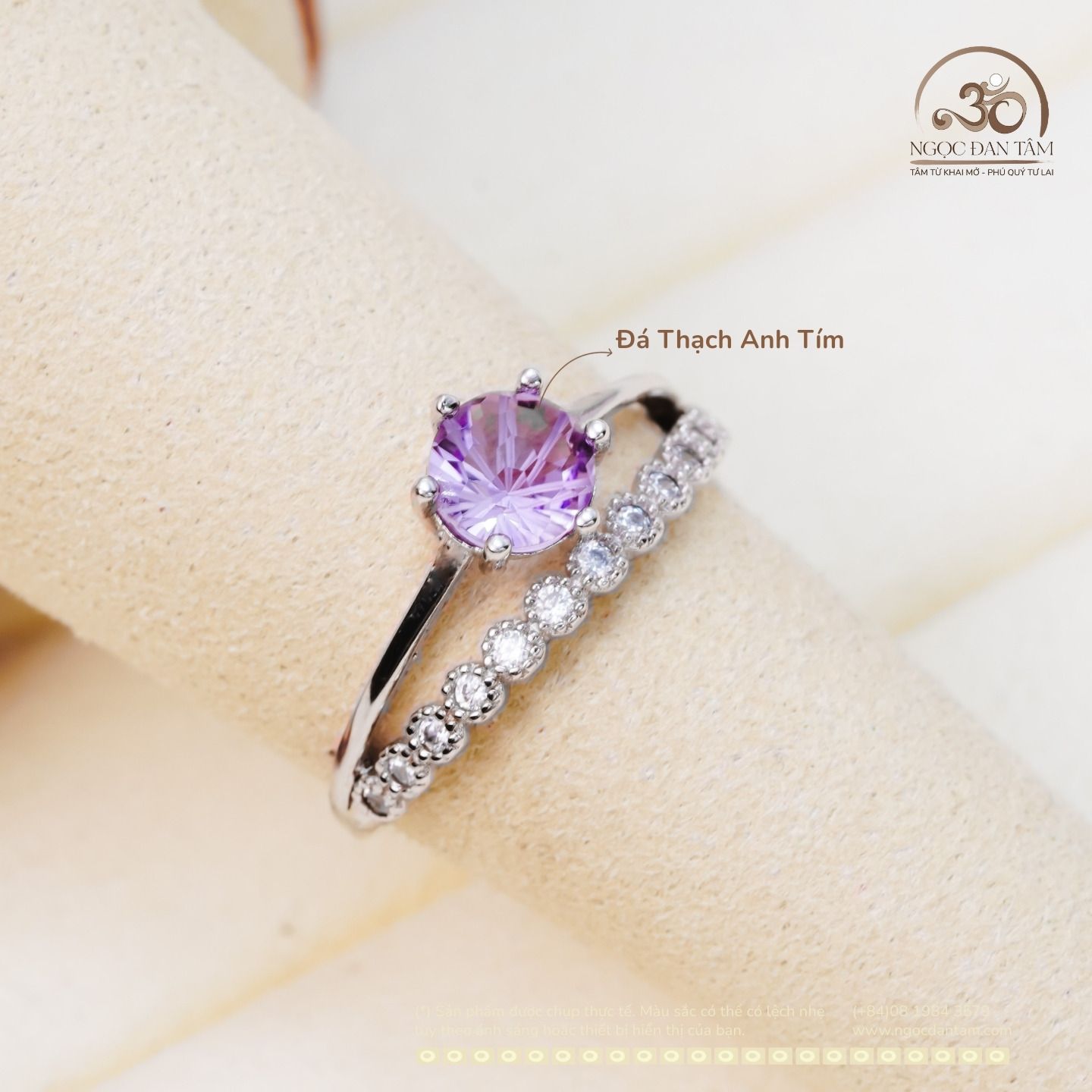  Nhẫn Bạc 925 Đính Đá Thạch Anh Tím Vuông Miệng Tròn 