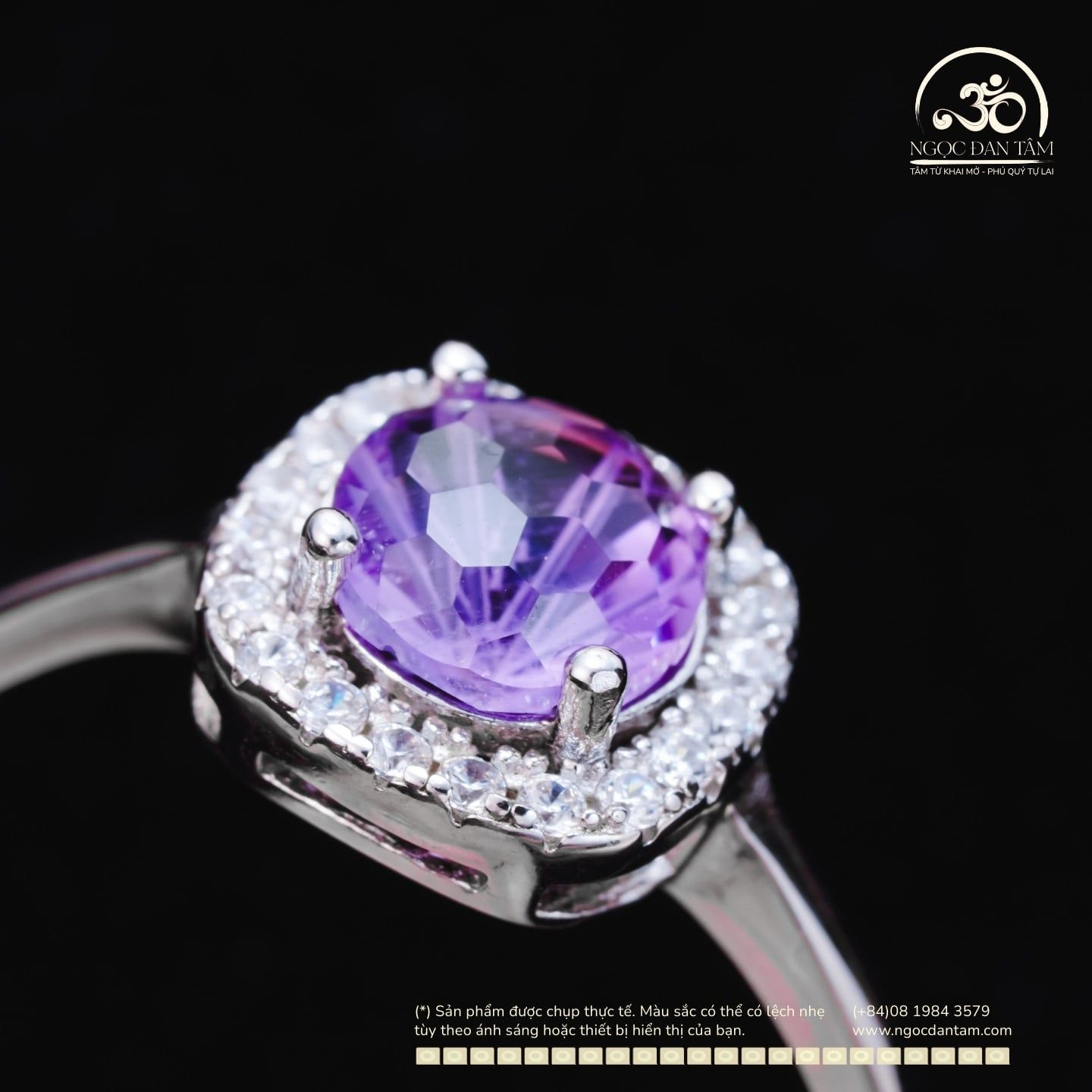  Nhẫn Bạc 925 Đính Đá Thạch Anh Tím 6mm 