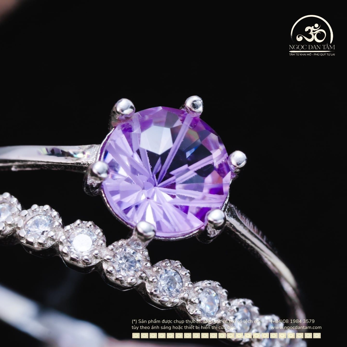  Nhẫn Bạc 925 Đính Đá Thạch Anh Tím Vuông Miệng Tròn 