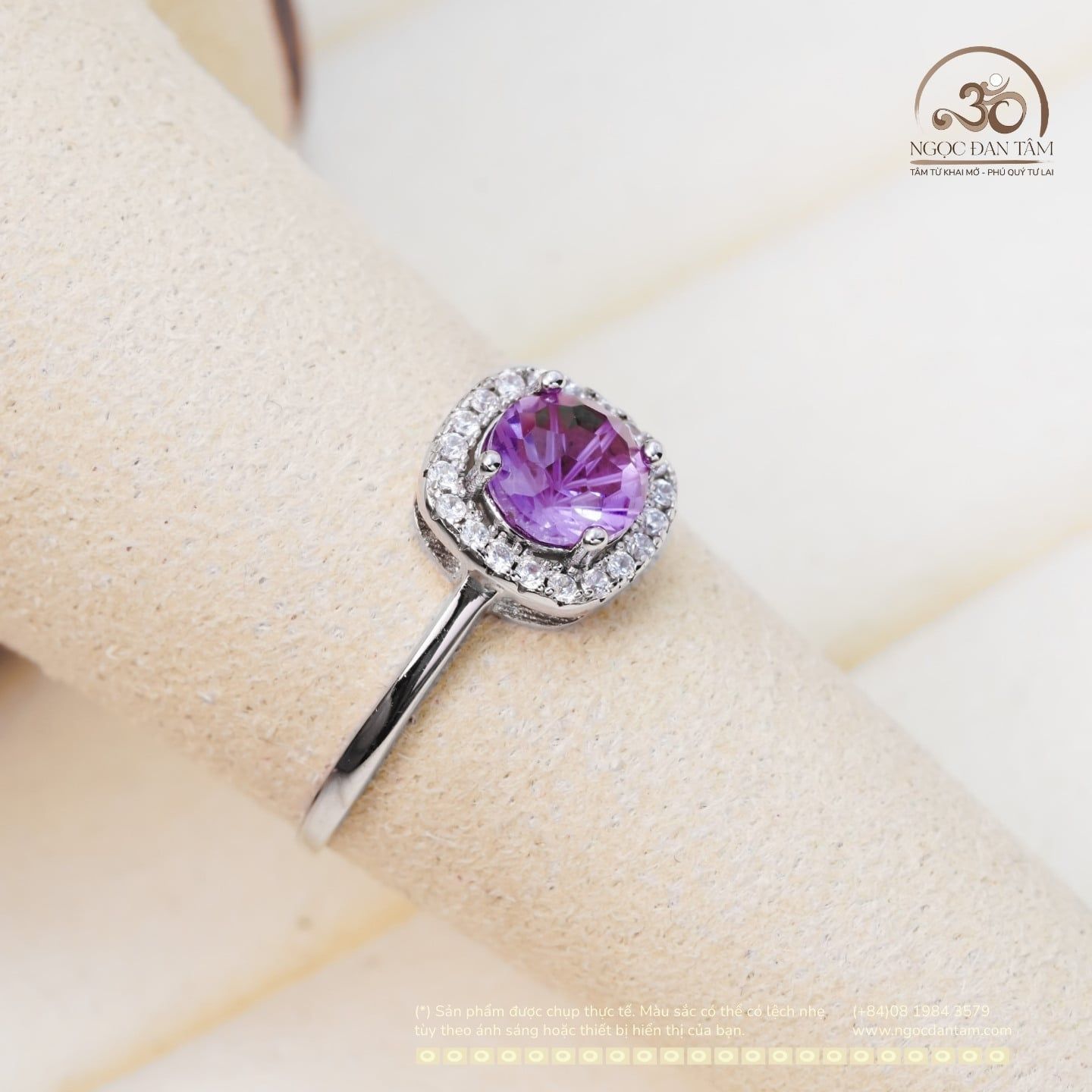  Nhẫn Bạc 925 Đính Đá Thạch Anh Tím 6mm 